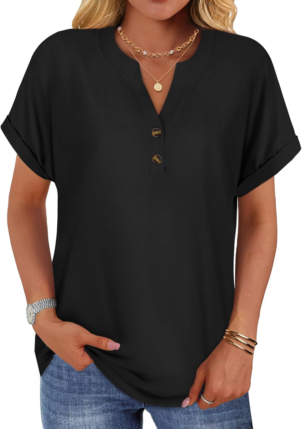 rosemia Womens Short Sleeve Shirts V Neck Dressy Casual Blouses Summer Loose Fitting Henley Tops