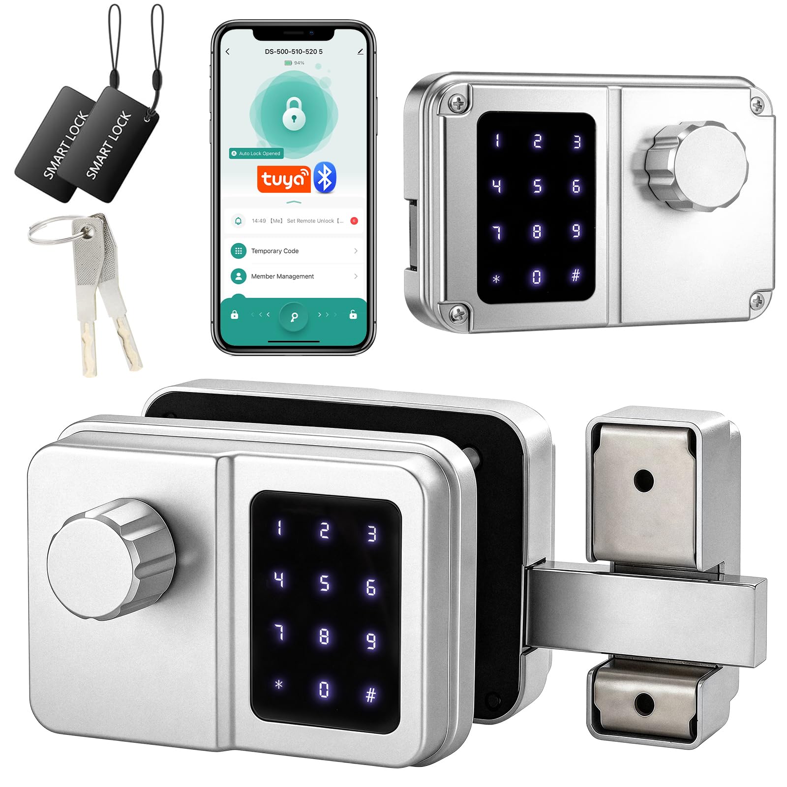 SEPOX Smart Gate Lock, Outdoor Gate Lock for Fence & Garage Door, Electronic Keyless Gate Lock IC Card, Passcode & Mechanical Key, Waterproof Rim Lock for Outdoor Garden Yard (Silver, Dual Screen)