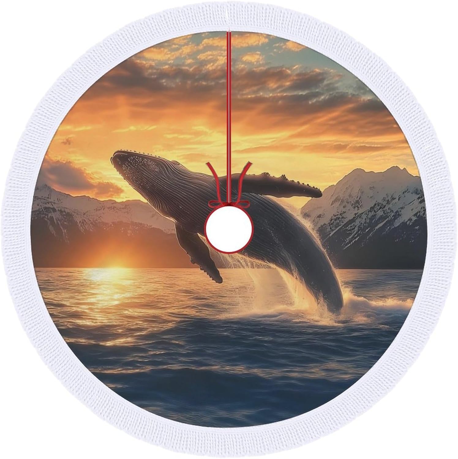 Whale Sea Underwater Animal Christmas Tree Skirt Round Xmas Tree Mat Ornaments Tree Skirts with Tassels for Holiday Party
