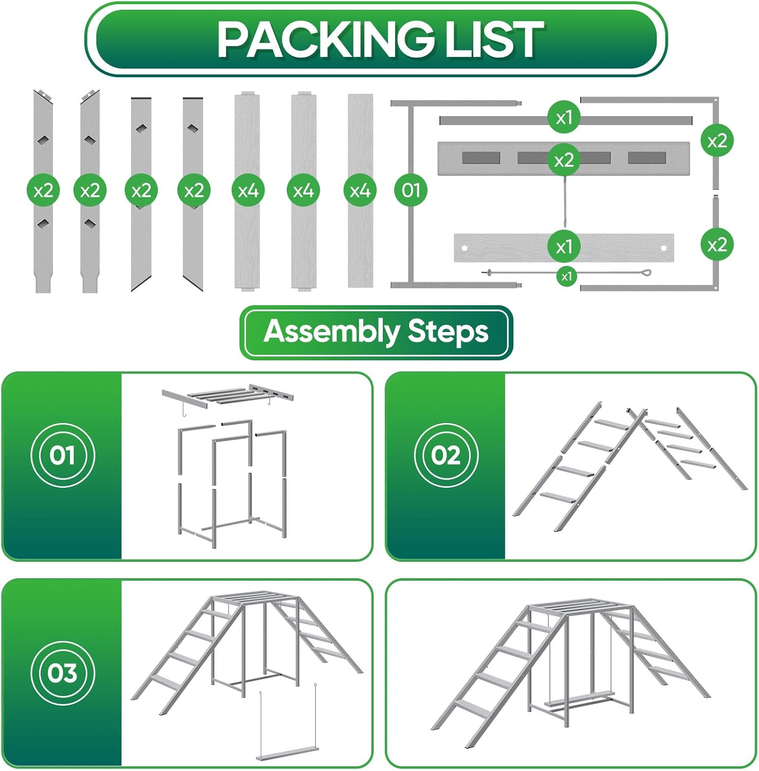 Packing list and assembly steps for the Nandae Chicken Coop Perches with Swing.