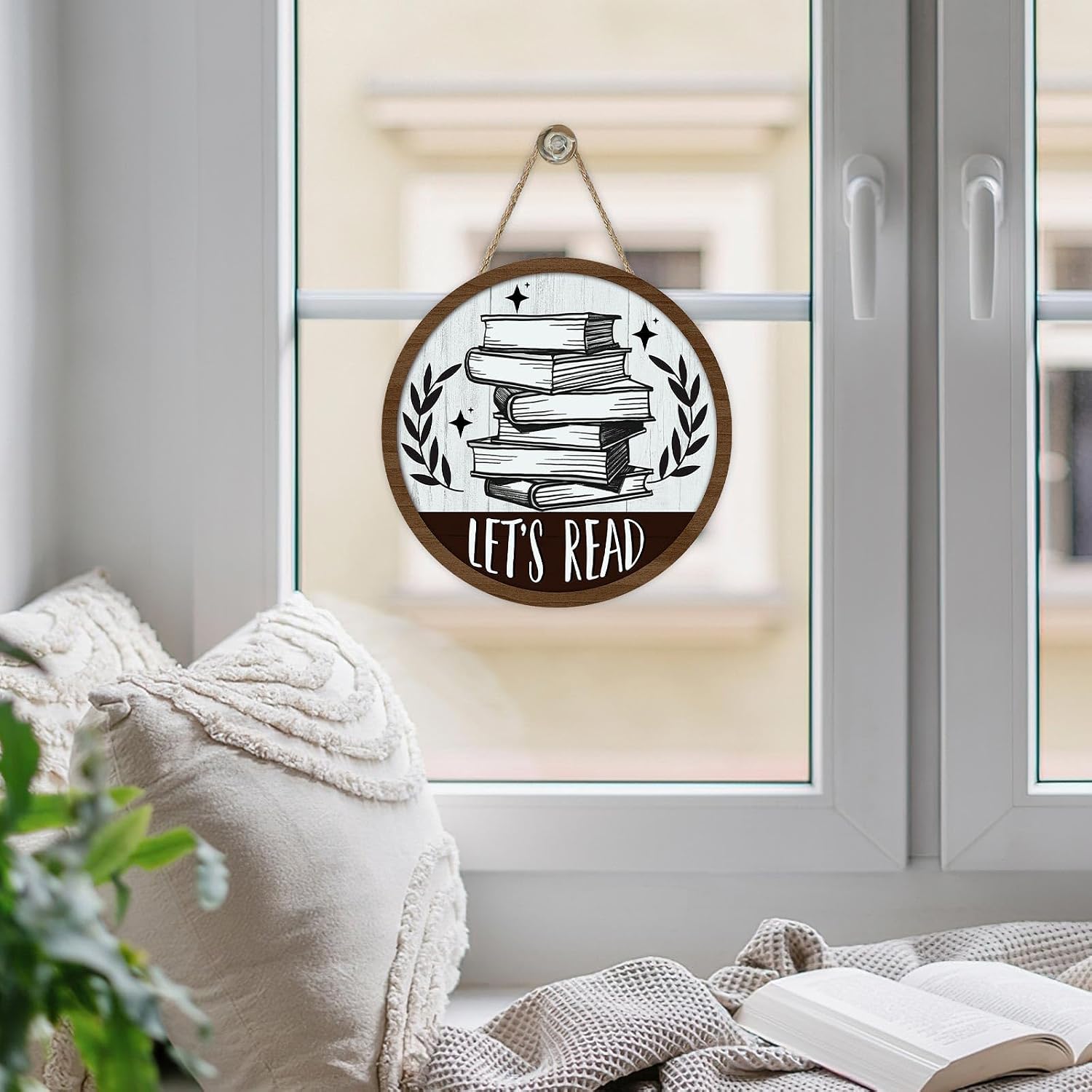 Vintage Let's Read Book Front Door Sign, Retro Inspirational School Classroom Library Reading Corner Wood Plaque Hanger, Farmhouse Wooden Wreath Indoor Wall Hanging Home Decor Book Lover Gift