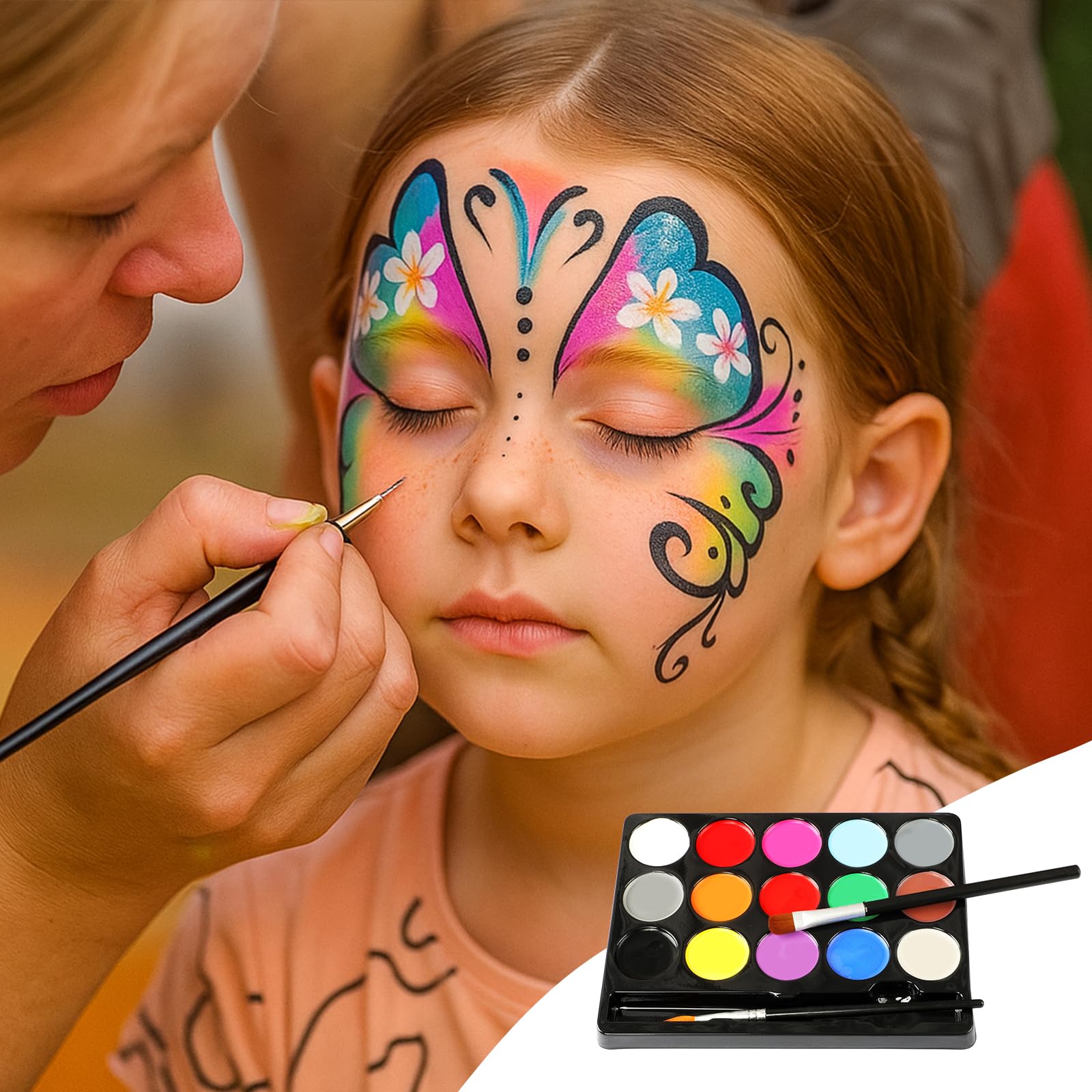 Face Painting 15 Colori – Pittura per Viso e Corpo con 30 Stampini e 2 Pennelli, Naturale, Sicuro e Facile da Rimuovere, Ideale per Feste, Carnevale e Halloween