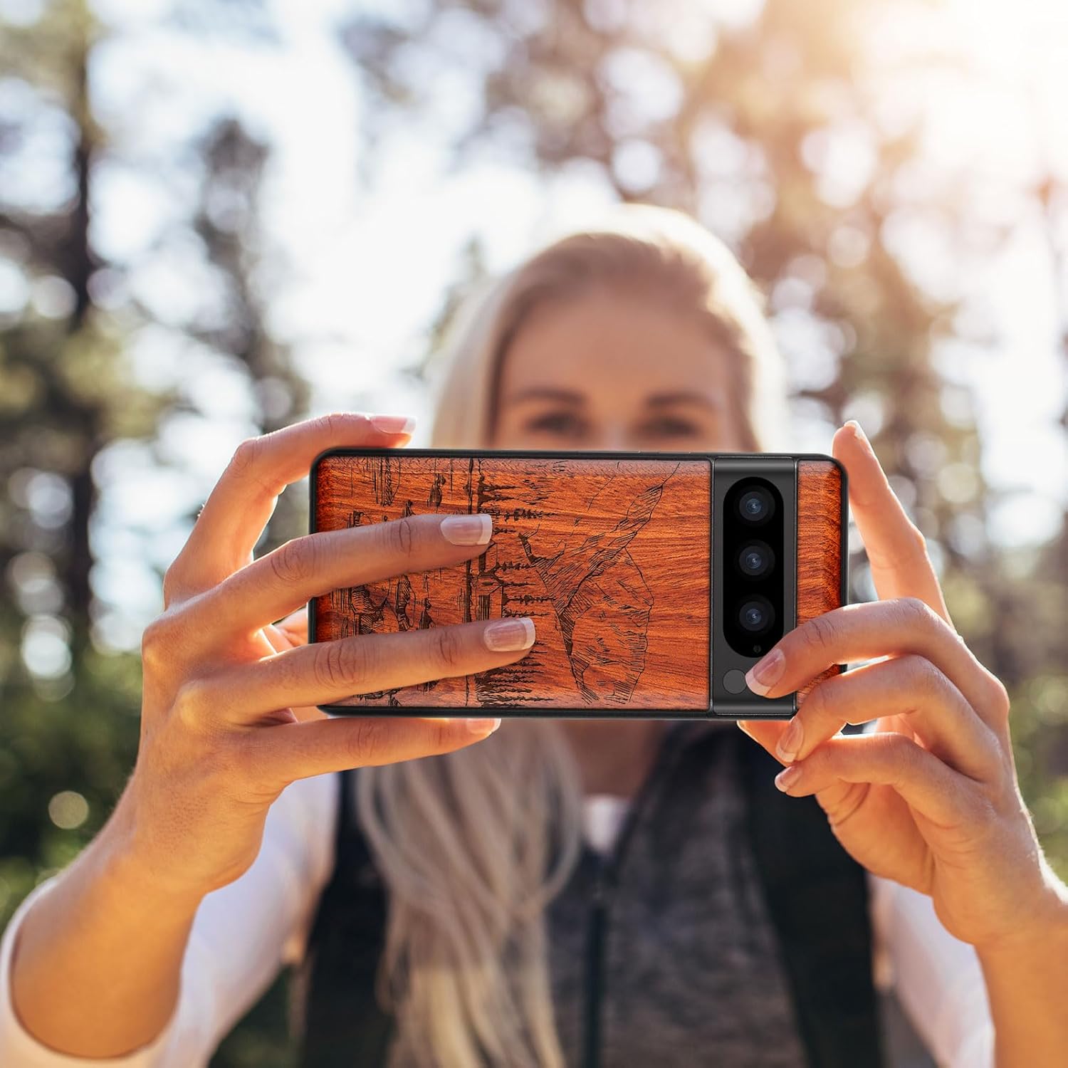 Carveit Wood Case for Pixel 8 Pro Case [Natural Wood & Black Soft TPU] Shockproof Protective Unique Wooden Cover Compatible with Google Pixel 8 Pro (Lakes and Mountains-Rosy)