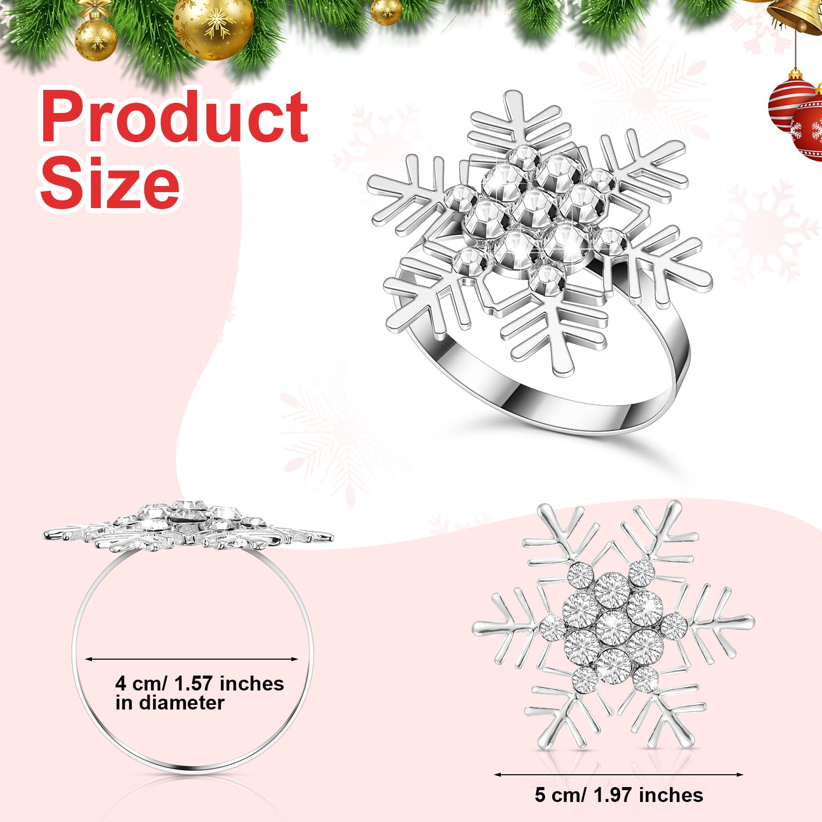 Set of 24 Christmas Snowflake Napkin Rings Bulk Silver Rhinestone Cloth Napkin Holders Xmas Metal Serviette Buckle Holders for Holiday Party Dinning Room Table Setting Decor