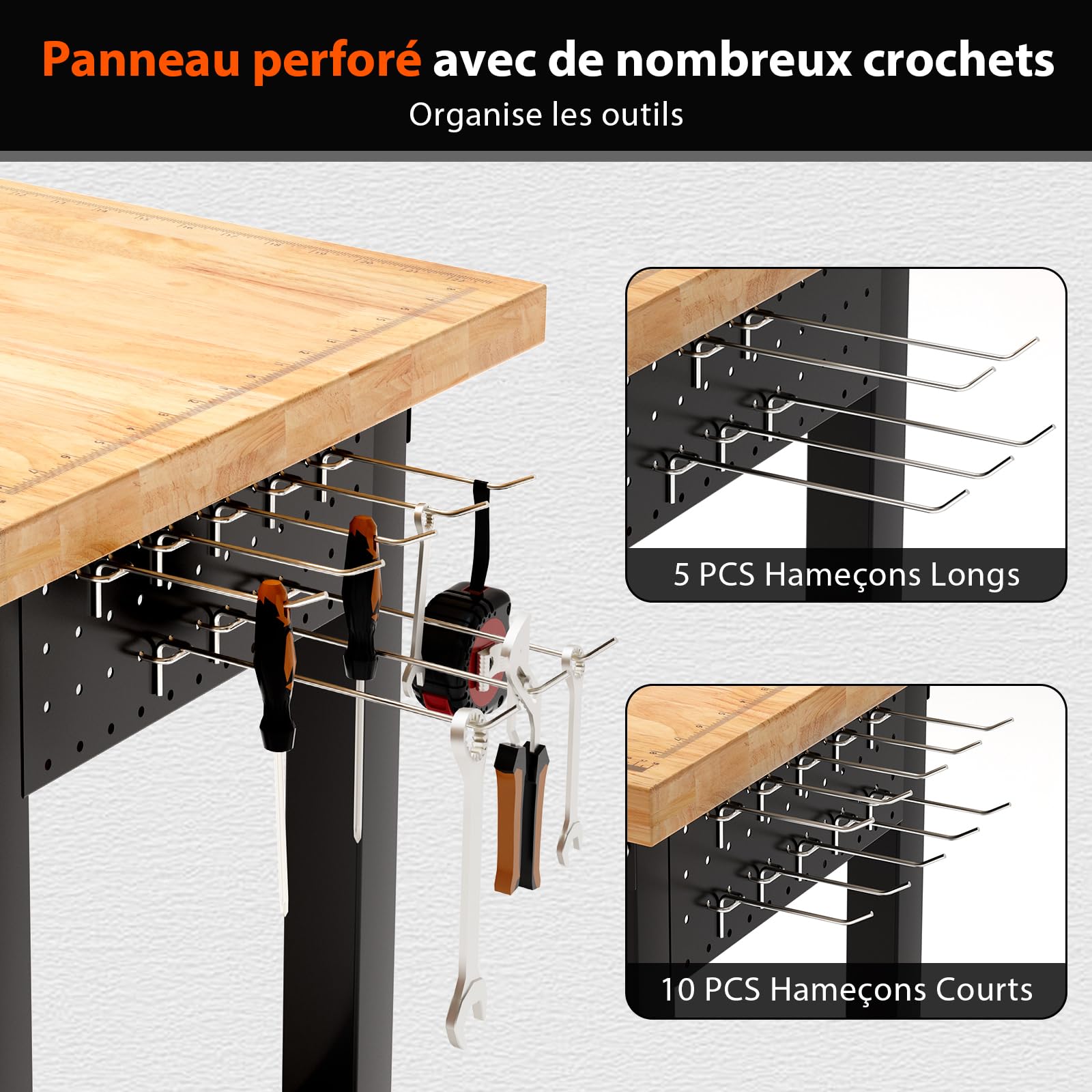 TLGREEN Établi Garage Réglable de Travail,122CM Table en Bois de Caoutchouc | Établi Atelier avec Multiprise et Panneau Perforé, Réglable 5 Hauteurs, 907kg Capacité, 15 PCS Crochets, pour Bureau Maison