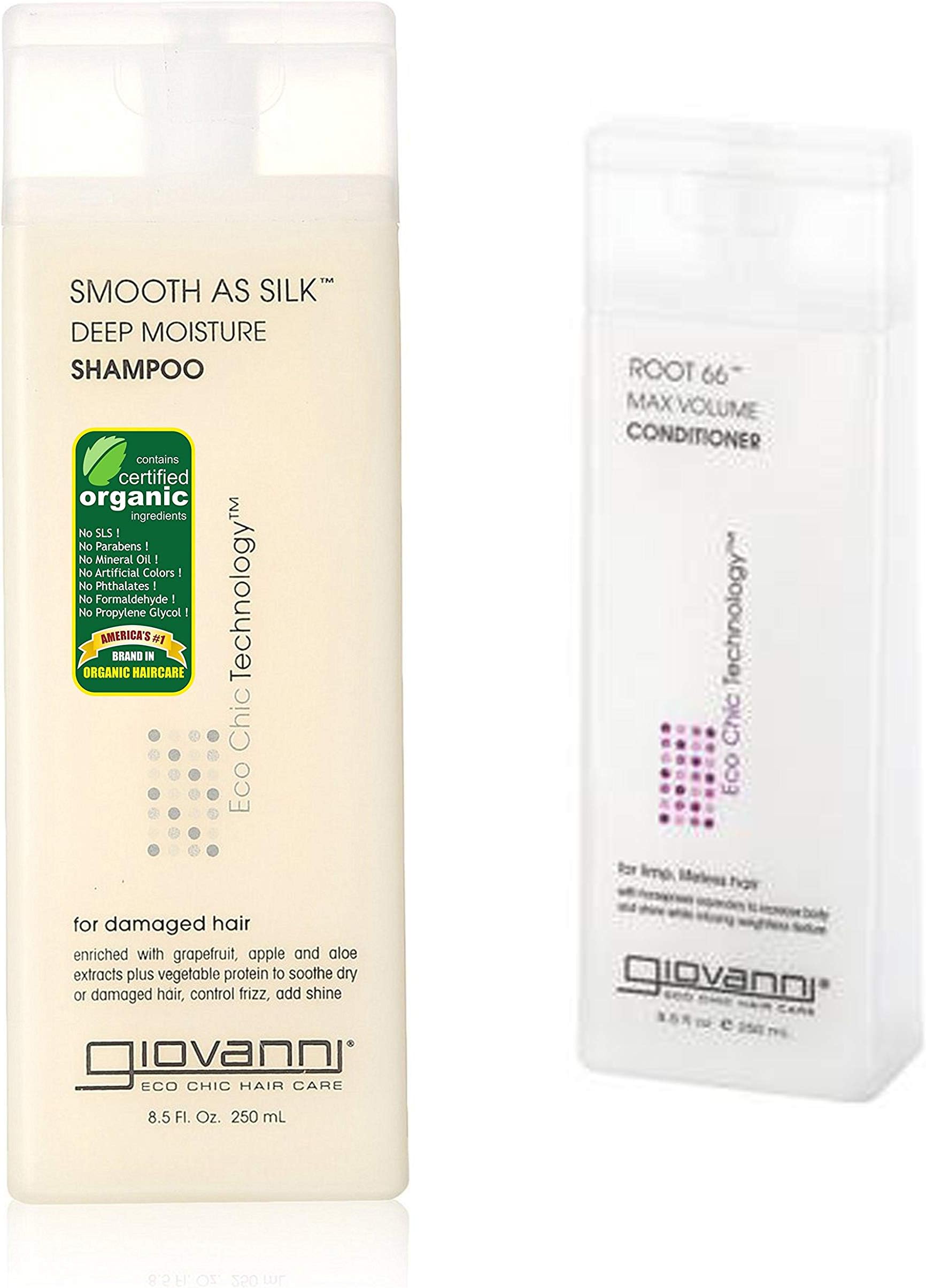 Giovanni Organic Smooth As Silk Shampoo, 250ml and Giovanni Organic Root 66 Max Volume Conditioner (For limp/lifeless hair), 250gm
