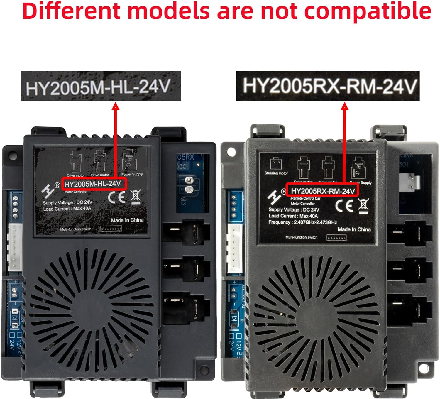 Top-down view of the HY2005M-HL-24V Control Box Receiver, showing the model number and connection diagrams.
