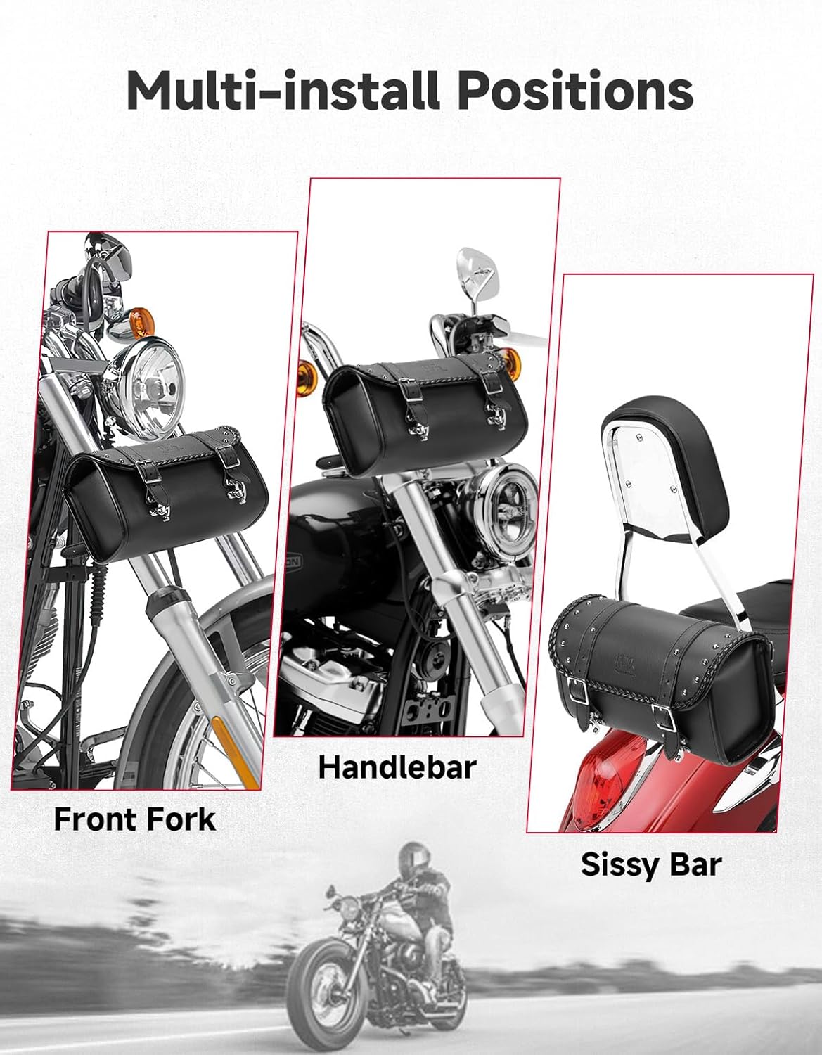 KEMIMOTO Motorcycle Fork Tool Bag 4-5L Expandable with Metal Quick-release Hook, PU Leather Adjustable Capacity Universal Saddlebag for Front Fork Handlebar Sissybar Storage Pouch Motorcycle Roll Bag