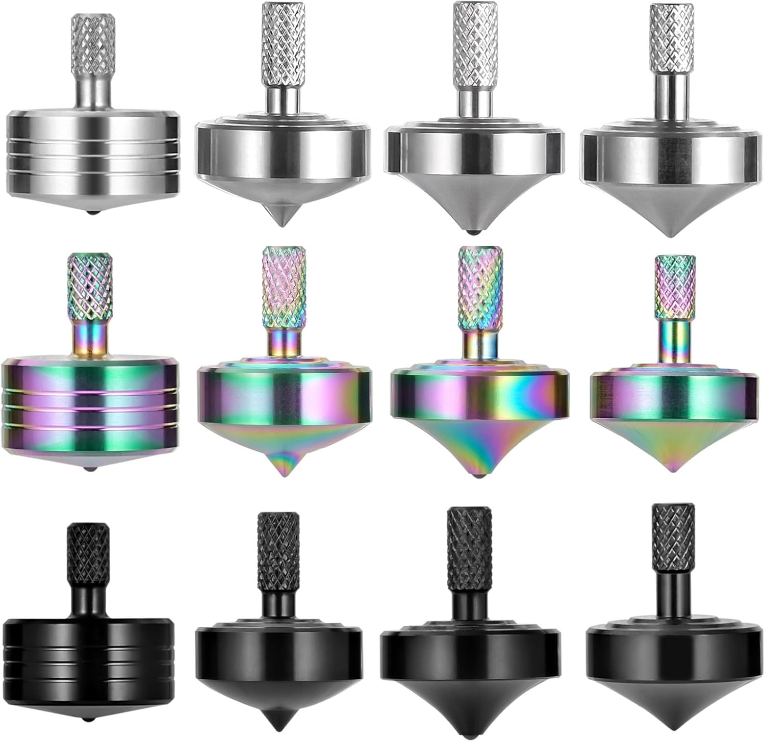 CHEETOP12PCS Stainless Steel Spinning Top, Precision Mini Desktop Gyroscope, Kill Time Reduce Stress ADHD Toys, Perfect Balance Gyro (12PCS Black+Silver+Iridescent, Style 1+2+3+4)