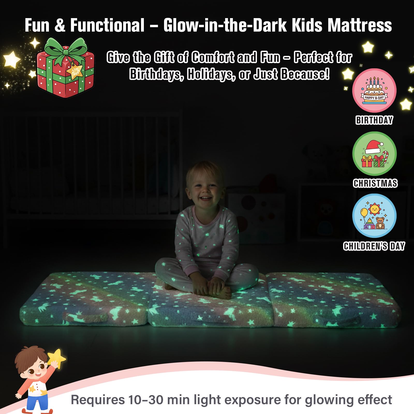 Tiita Trifold Bodenmatratze für Kinder, 145 x 56 x 8 cm Glow in The Dark Baby Kinder Futon mit abnehmbarem Bezug, Kleinkind Boden Bett Nap Matte mit Aufbewahrungstasche, Pink Pegasus