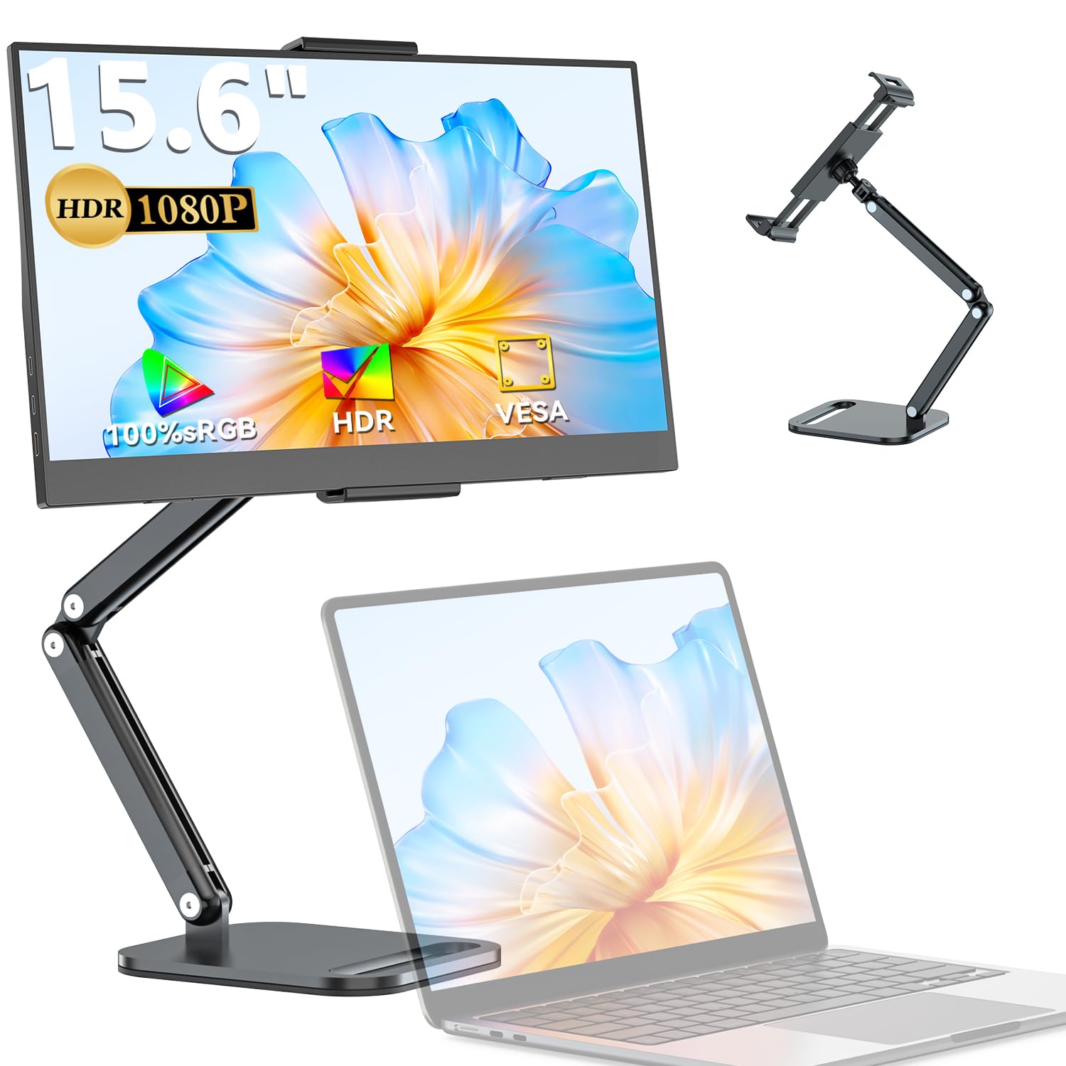 モバイルモニター 15.6インチ UPERFECT モバイルディスプレイ 卓上スタンド付き 1920*1080 100%広色域 HDR ゲーミングモニター ポータブルモニター IPS液晶パネル ブルーカット 薄型 軽量持ち運び 自立型 0~75°調整可能 VESA USBType-C ミニHDMI スピーカー内蔵 Switch/PS3/PS4/PS5/Xbox/PC/スマホ/Macなど対応 - 2