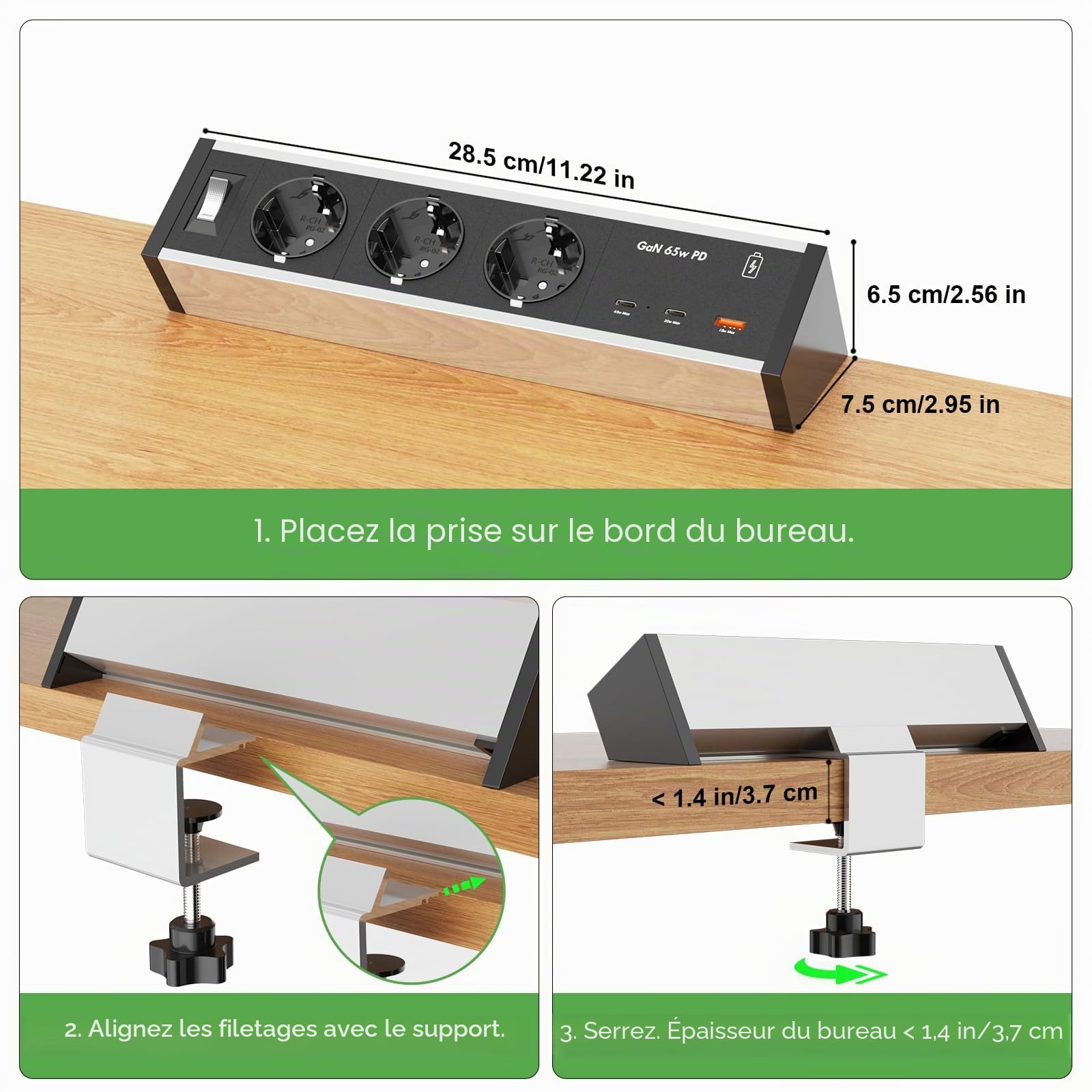 Multiprise de Table à 3 Prises avec 2 USB C GaN PD 65 W, multiprise de Bureau avec Interrupteur, câble de 3 m, 16 A