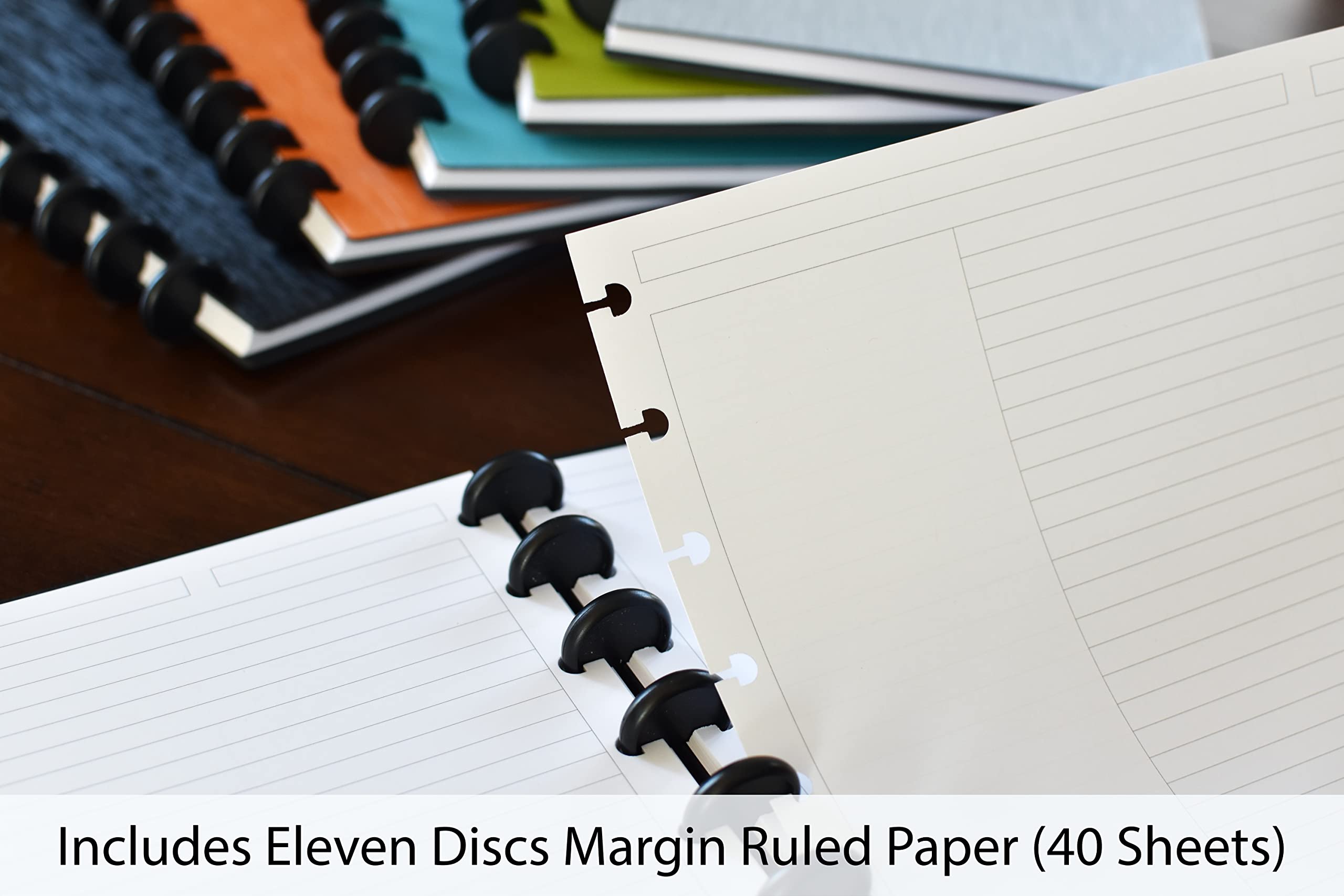 Eleven Discs Quaderno Discbound formato lettera, copertina in ecopelle da 120 g/m², carta pesante, include 40 fogli di margine, 5 linguette, bandiere di pagina (blu navy)