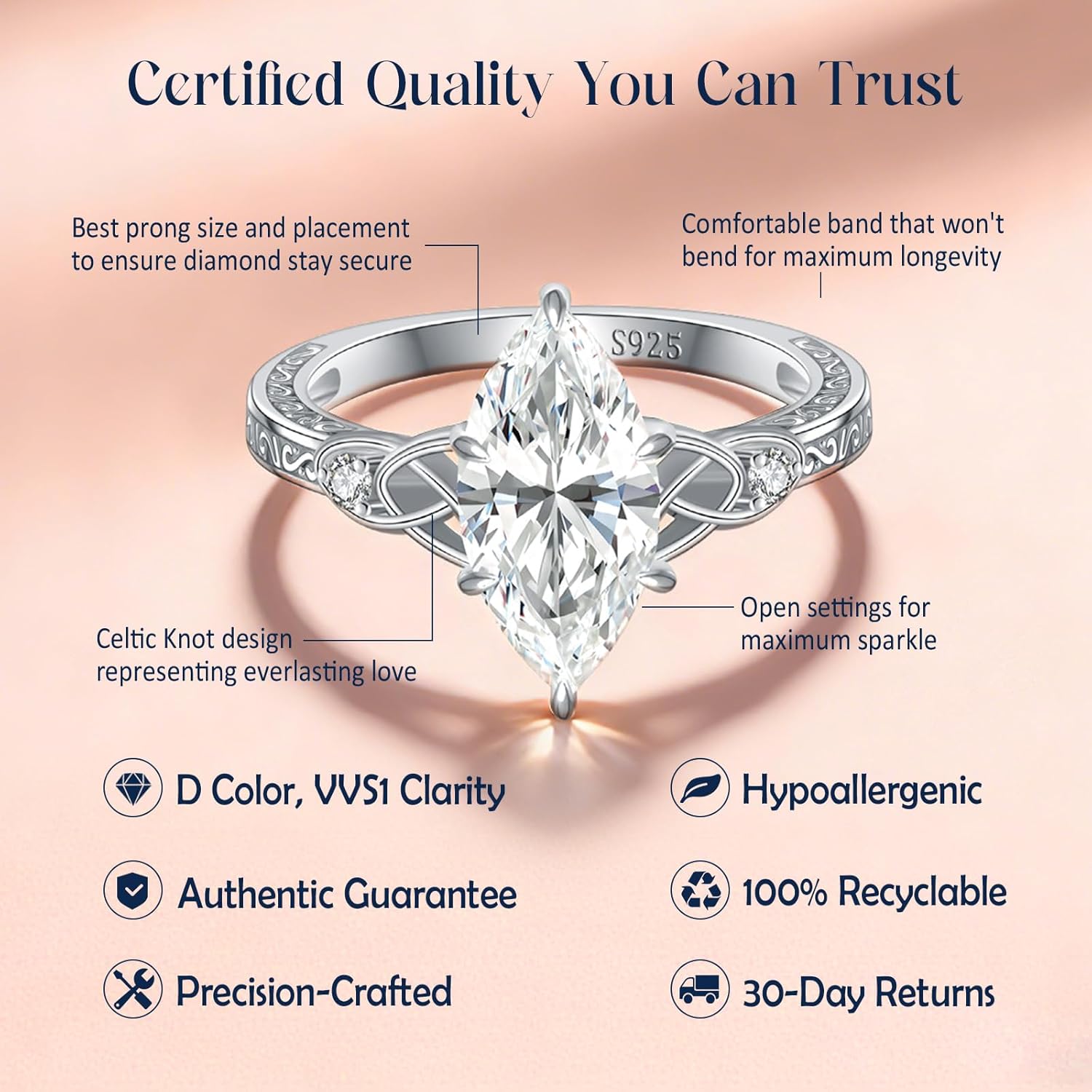 4CT Marquise Moissanite Engagement Ring for Women, Celtic Knot Design S925 Sterling... - Image 4