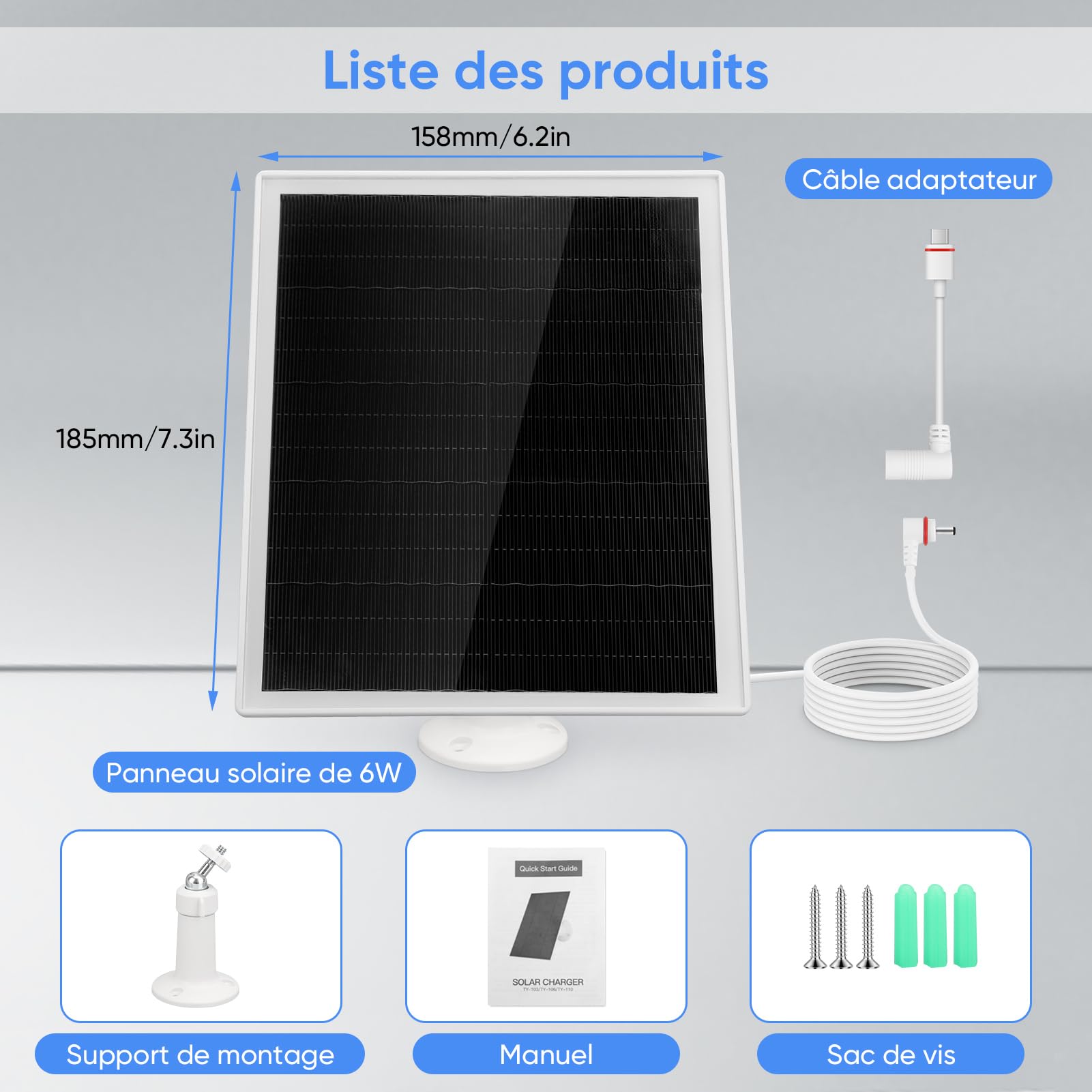 Batterie Panneau Solaire 6w pour Caméra de Sécurité, 5V Kit Panneau Solaire avec Batterie, Panneaux Solaires Étanches IP66 avec Câble de 9,8 Pieds