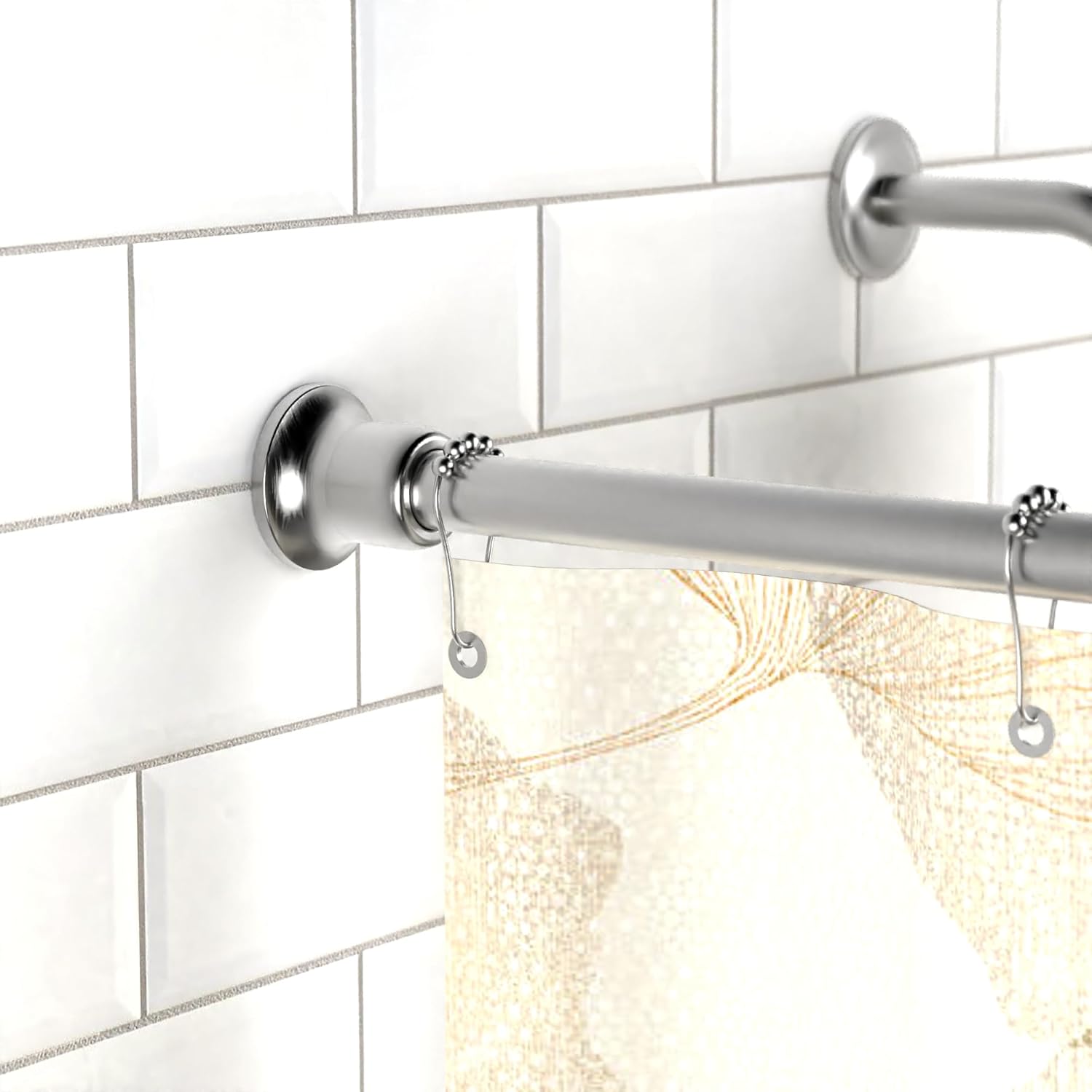 Decorative Tension Shower Curtain Rod, 24"-72" Adjustable, Rust Proof Stainless Steel, No Drilling Heavy Duty Curtain Holder, Brushed Nickel