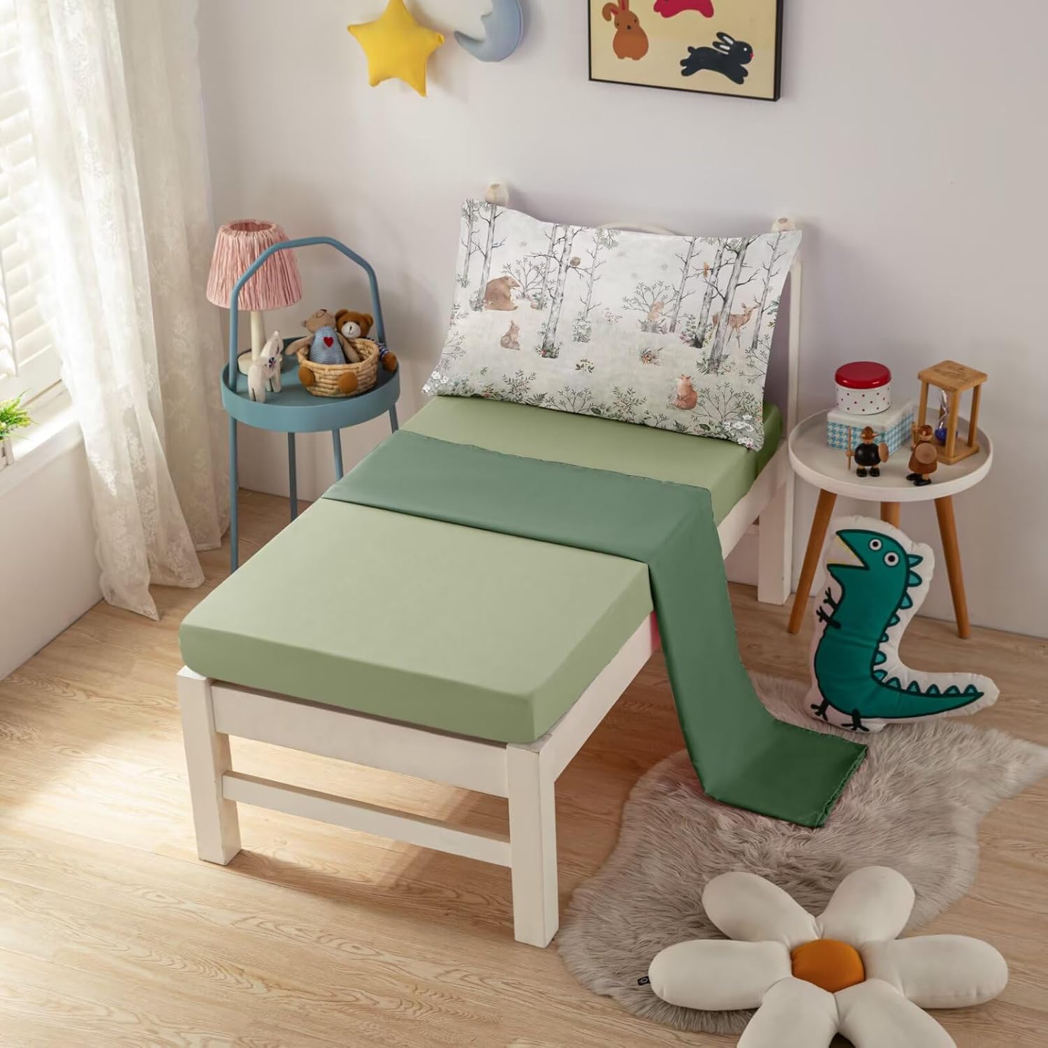 4 Pieces Woodland Animal Toddler Bedding Set for Boys Girls, Forest Animals Comforter Set Bed in a Bag,Toddler Bed Set Includes Comforter, Flat Sheet, Fitted Sheet and Pillowcase - Image 4