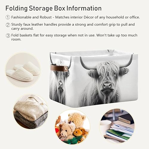Miniatura 6 de Cesta de almacenamiento de vacas de las tierras altas con asas, cestas de almacenamiento plegables para estantes, sala de estar, decoración