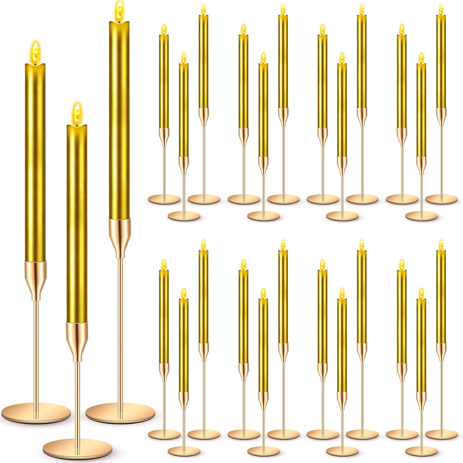 30 Pcs Gold Candlestick Holders with Flameless LED Candles Bulk Includes 15 Metal Candle Holders and 15 Battery Operated Gold Candles for Wedding Table Centerpieces Home Decor