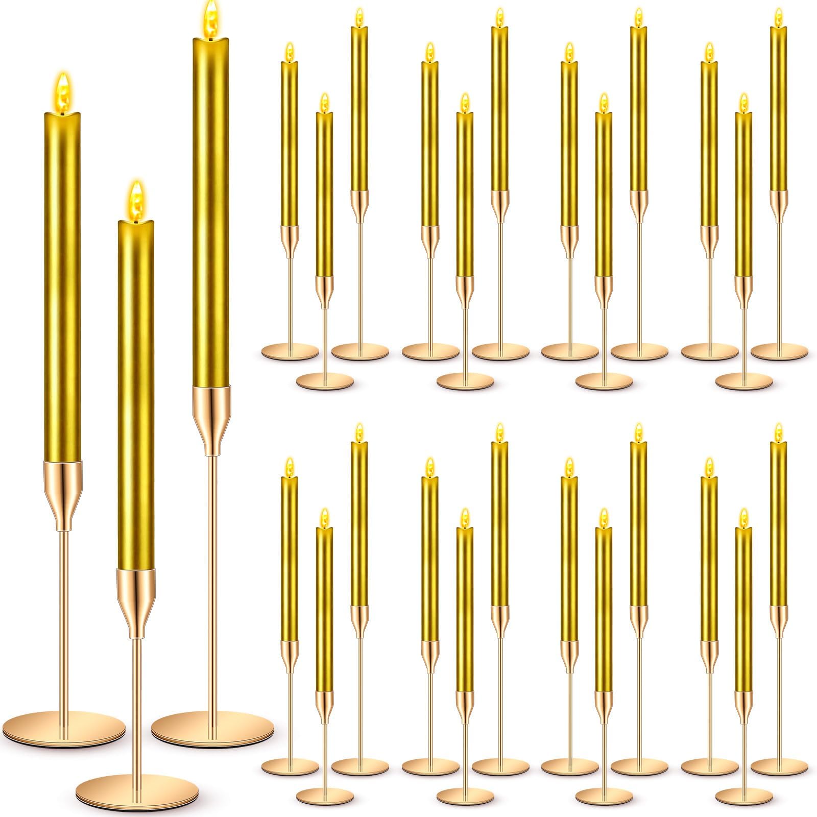 - 30 Pcs Gold Candlestick Holders with Flameless LED Candles Bulk Includes 15 Metal Candle Holders and 15 Battery Operated Gold Candles for Wedding Table Centerpieces Home Decor