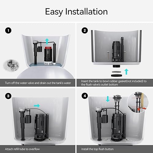Miniatura 7 de R&T Válvula de descarga doble de 3 pulgadas con botón superior Kit de reparación de inodoro Tanque interior Kit de repuesto de válvula de descarga