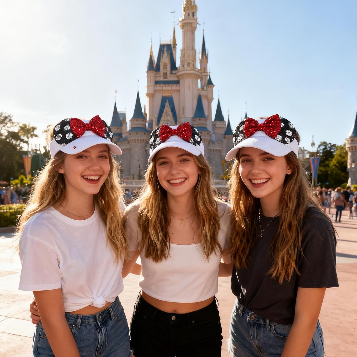 Sparkly Mouse Ears Visor Hat for Adult Women, Adjustable Sun Visor Cap with Sequin Mouse Ears Bow, Cute Party Headwear Glitter Visor Hat with Ears for Theme Parks & Festivals White