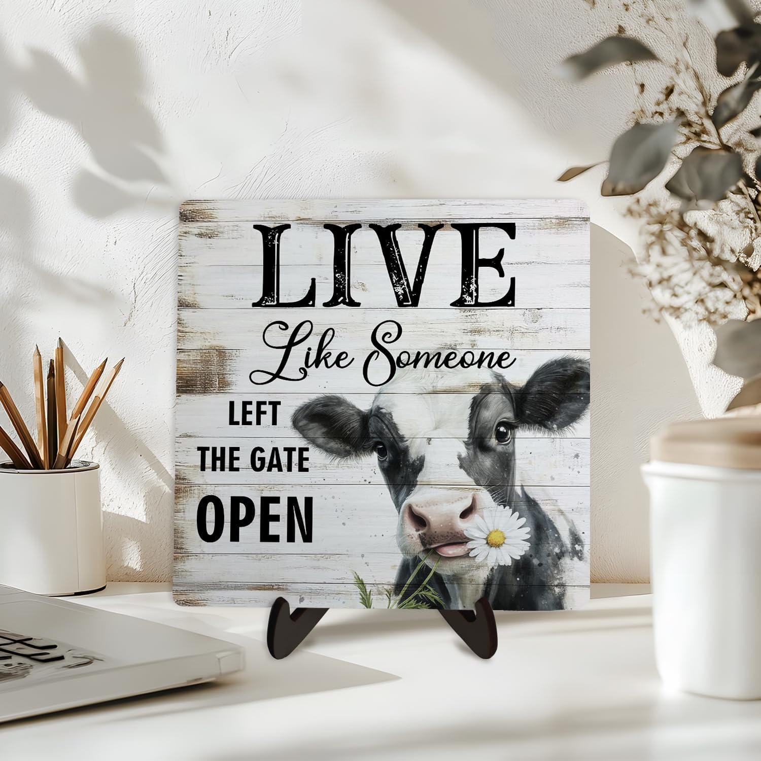 Rustic Farmhouse wooden sign, Office&Home Desk Decor -Live like someone left the gate, Country Western Horse Desk Decor, Inspirational Wood Sign with Stand 5.9x5.9 Inch (COW) image 5