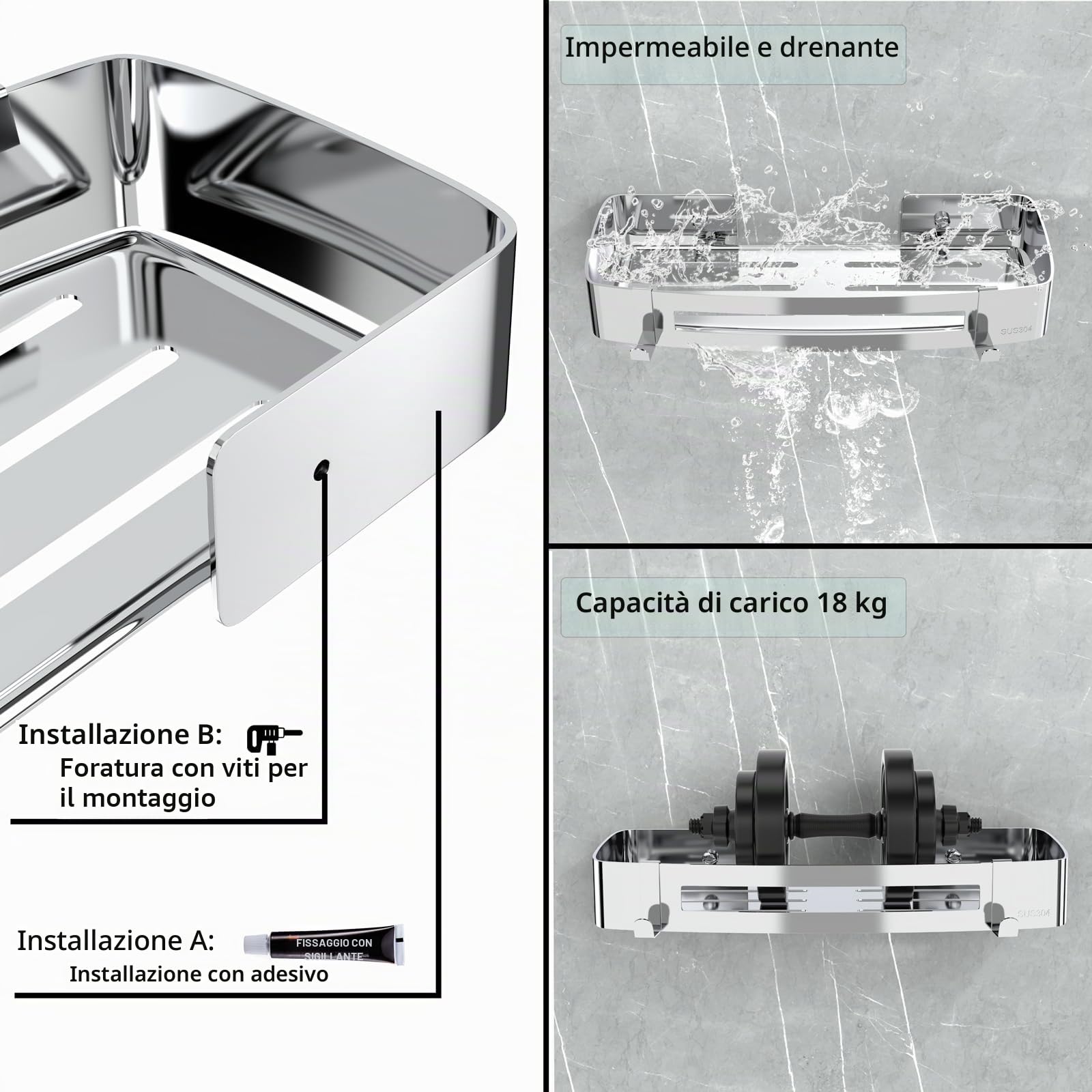 Mensola Doccia Senza Foratura, Mensola per Docciain SUS 304 Acciaio Inox con 4 Ganci, Organizer Adesiva Angolare Rettangolare Accessori da Bagno per Doccia, Bagno, Cucina (Argento - 1 Strati)