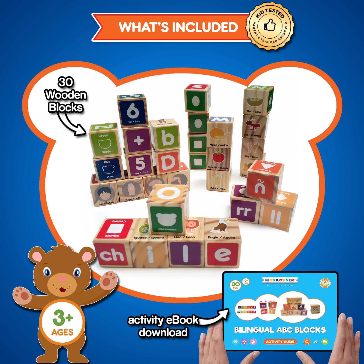 Juguetes de bloques del alfabeto para niños pequeños, juguetes educativos bilingües, juguetes de aprendizaje en español, juguetes apilables con 30 bloques de madera y actividades de 2