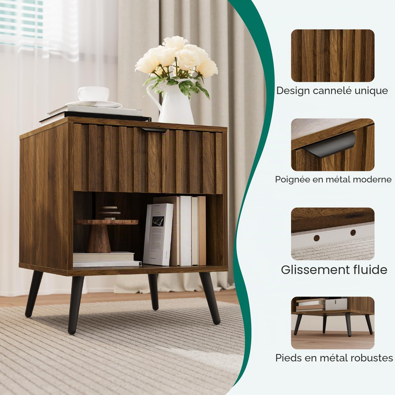 Smuxee Meuble de Chevet en Noyer avec Tiroir Cannelé, Table de Nuit Style Mid-Century avec Étagère Ouverte et Pieds Métalliques, Table d'Appoint Moderne pour Chambre