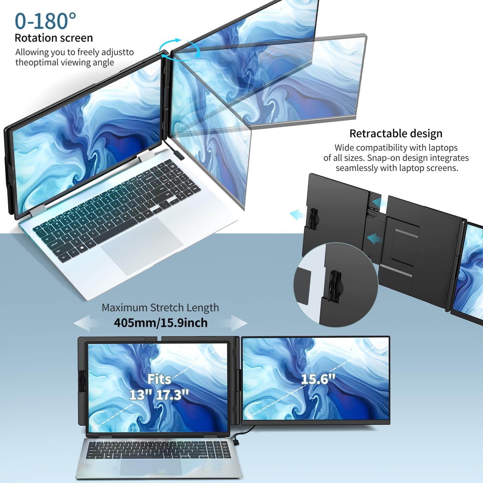 Monitor portátil,15,6 pulgadas 1080P FHD pantalla de ordenador portátil,Plug & Play, Extensor de doble pantalla extraíble, completa sin marco,compatible con Windows, Mac,Chrome (Dual screen -15.6")