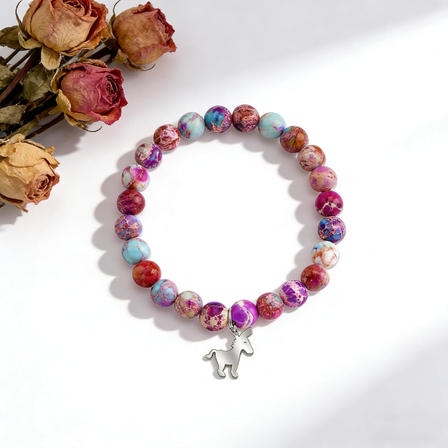 PARTNER Donkey Gifts for Women Donkey Bracelet for Good Friends Donkey Pendant Amethyst Beaded Natural Stone Bracelet for Donkey Lovers