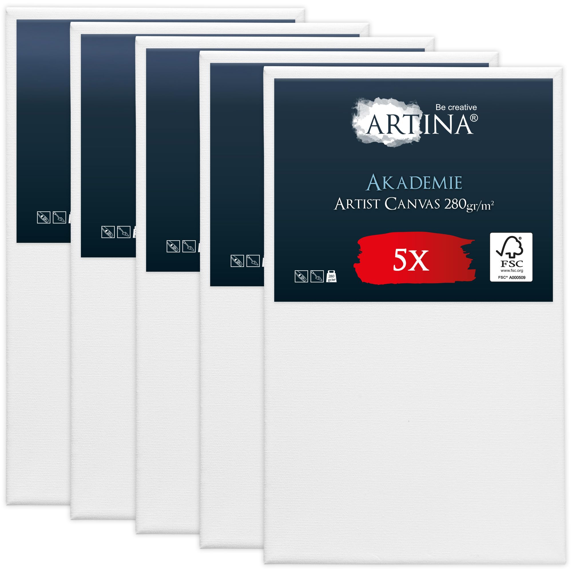 Artina Set da 5 Tela per Dipingere 50x80 cm - 100% Cotone 280g/m² – Telaio in Legno Certificato FSC – Non Si deforma – Canvas Tela Bianca Tele per Pittura – Tele per Dipingere Akademie