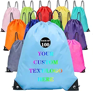 Custom Bags With Your Logo Set of 100 Custom Backpack Draw String Bags Pack Bulk for Travelling Swimming Gym Everyday Use (Blue 1)