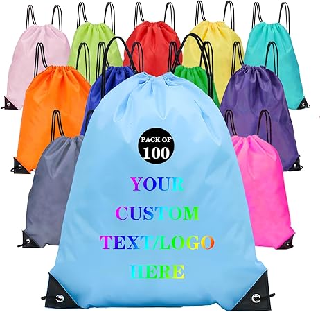 Custom Bags With Your Logo Set of 100 Custom Backpack Draw String Bags Pack Bulk for Travelling Swimming Gym Everyday Use (Blue 1)