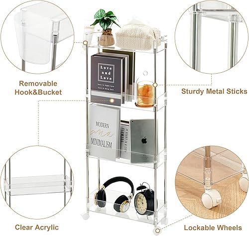 Vista 2 de VECELO Acrylic 4-Tier Rolling Cart, Slim Utility Cart for Storage, Mobile Storage Cart with Lockable Wheels Hooks&Bucket for Office,Kitchen,Laundry