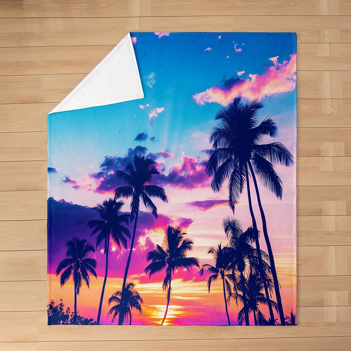 Tropical Palm Trees Fleece Blanket,Hawaii Style Summer Seaside Bed Blanket for Kids Teens,Watercolor Pink Blue Sunset Sky Paint Flannel Blanket for Room Decor,Queen 90"x90"