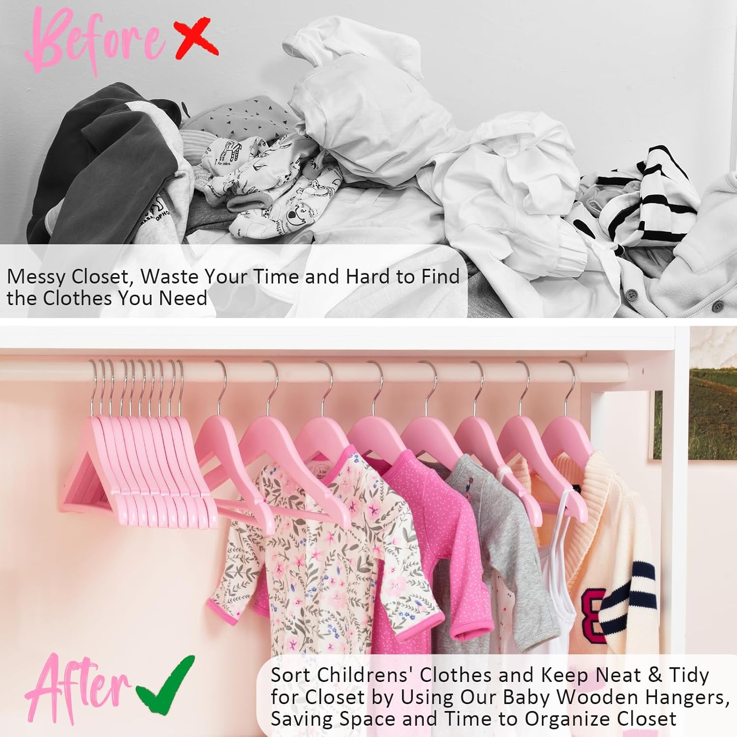 FairyHaus Kids Wooden Hangers 20 Pack 12.8 Inch, Pink Baby Childrens Wood Hanger for Closet, Anti-Rust 360° Swivel Hook, Notches & Smooth Finish, Durable and Strong Wood for Toddler Clothes