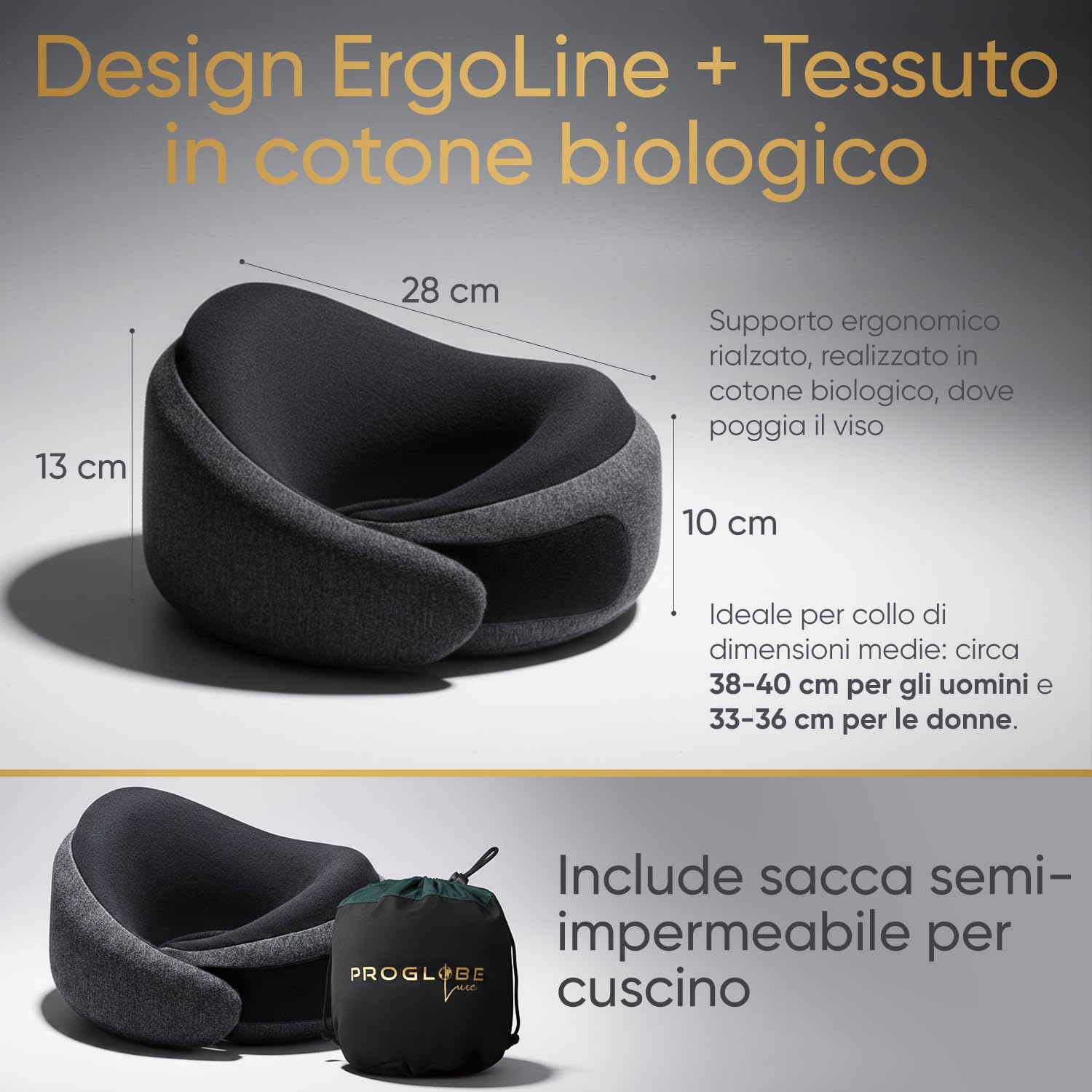 Proglobe Luxe Cuscino Cervicale da Viaggio 360°, Nero Cenere | Memory foam con fodera lavabile in cotone biologico e borsa da trasporto compatta.