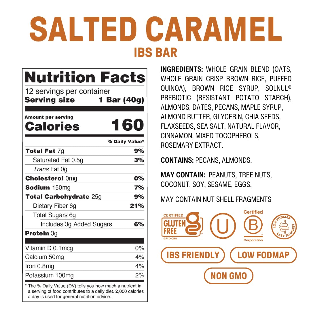 Fody Foods IBS Snack Bars, Salted Caramel, 1.41 Oz (Pack of 12), 6g Prebiotic Fiber, Low FODMAP, Gut & IBS Friendly, Lactose Free, Non-GMO, Gluten Free