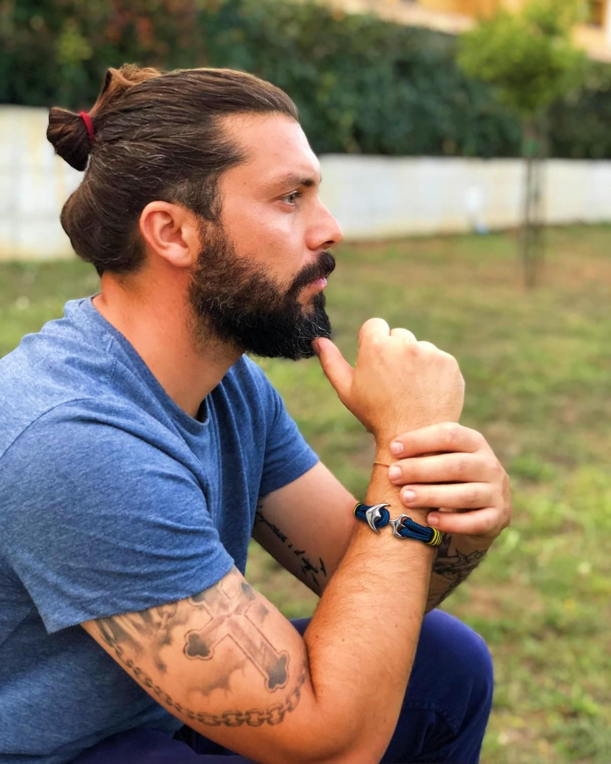 Men's Nautical Anchor Cuff Bracelet, Handmade Black & Blue Stainless Steel Rope Wristband with Lobster Claw Clasp - Image 4