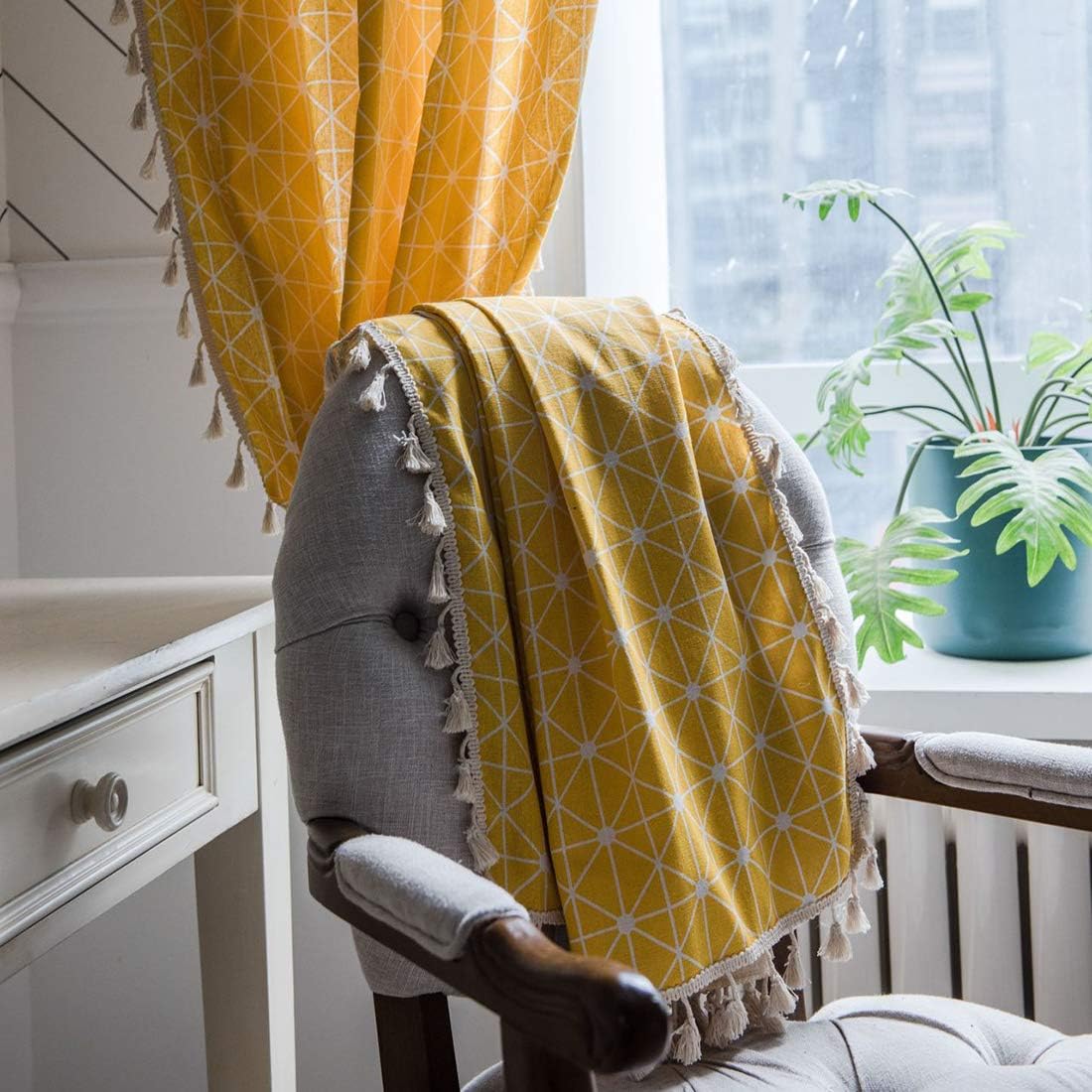 Cotton Linen Checkerboard with Black Tassel Geometric Plaid Pattern Darkening Blocking Window Curtains Boho Rod Pocket Rustic Curtain for Living Room, 1 Panel, 59"x78", Checkerboard