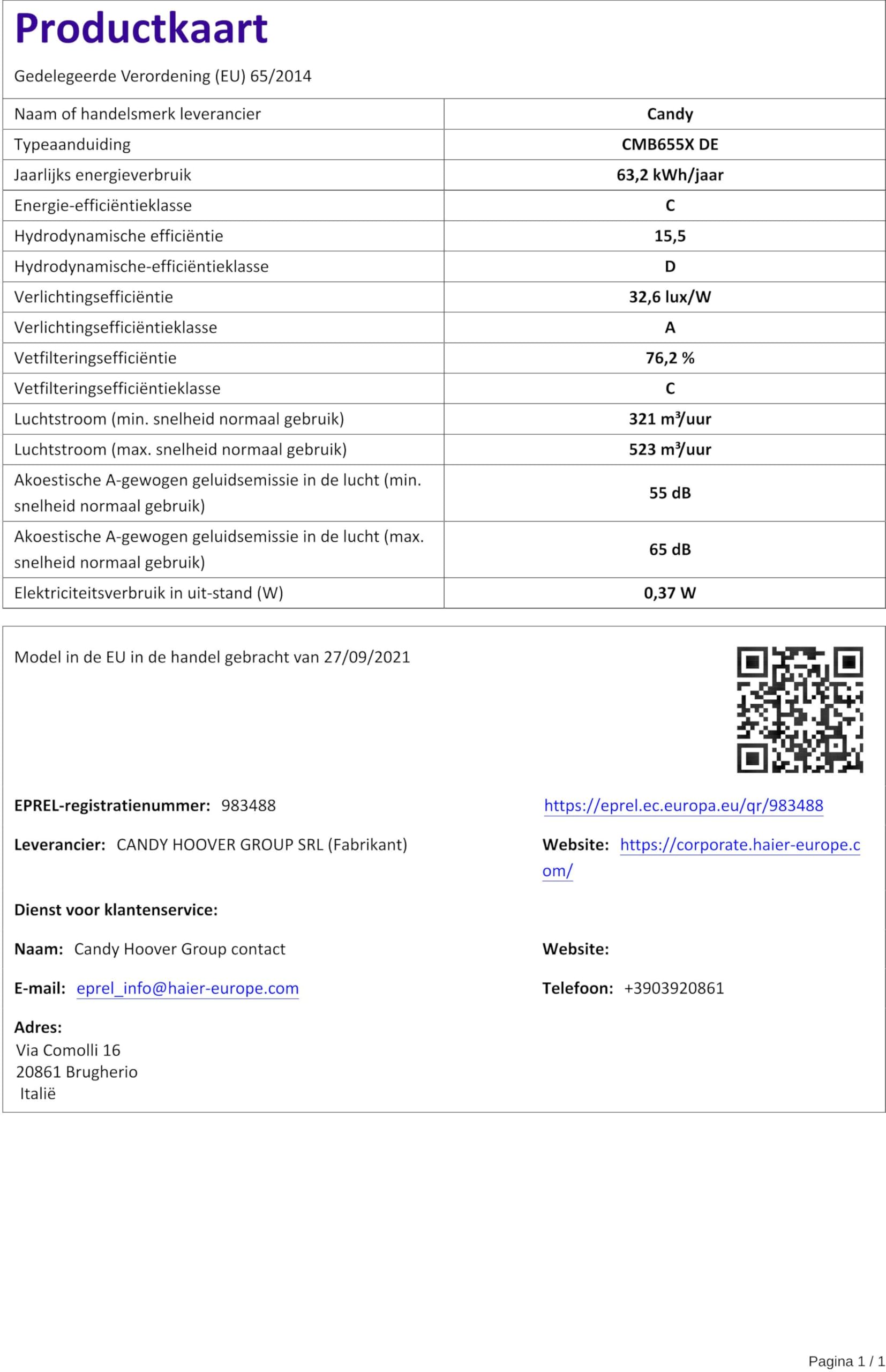 Candy Okap kuchenny CMB655X DE/szerokość 60 cm/moc 213 W / 3 poziomy mocy/maks. wydajność powietrza: 523 m³/h/powietrze wylotowe i obiegowe/efektywność energetyczna C/energooszczędna lampa
