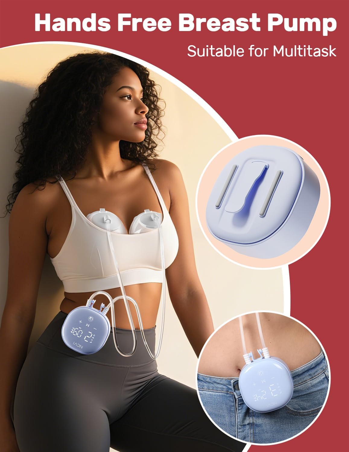 A woman wearing the breast pump with the motor clipped to her waistband, demonstrating hands-free use.