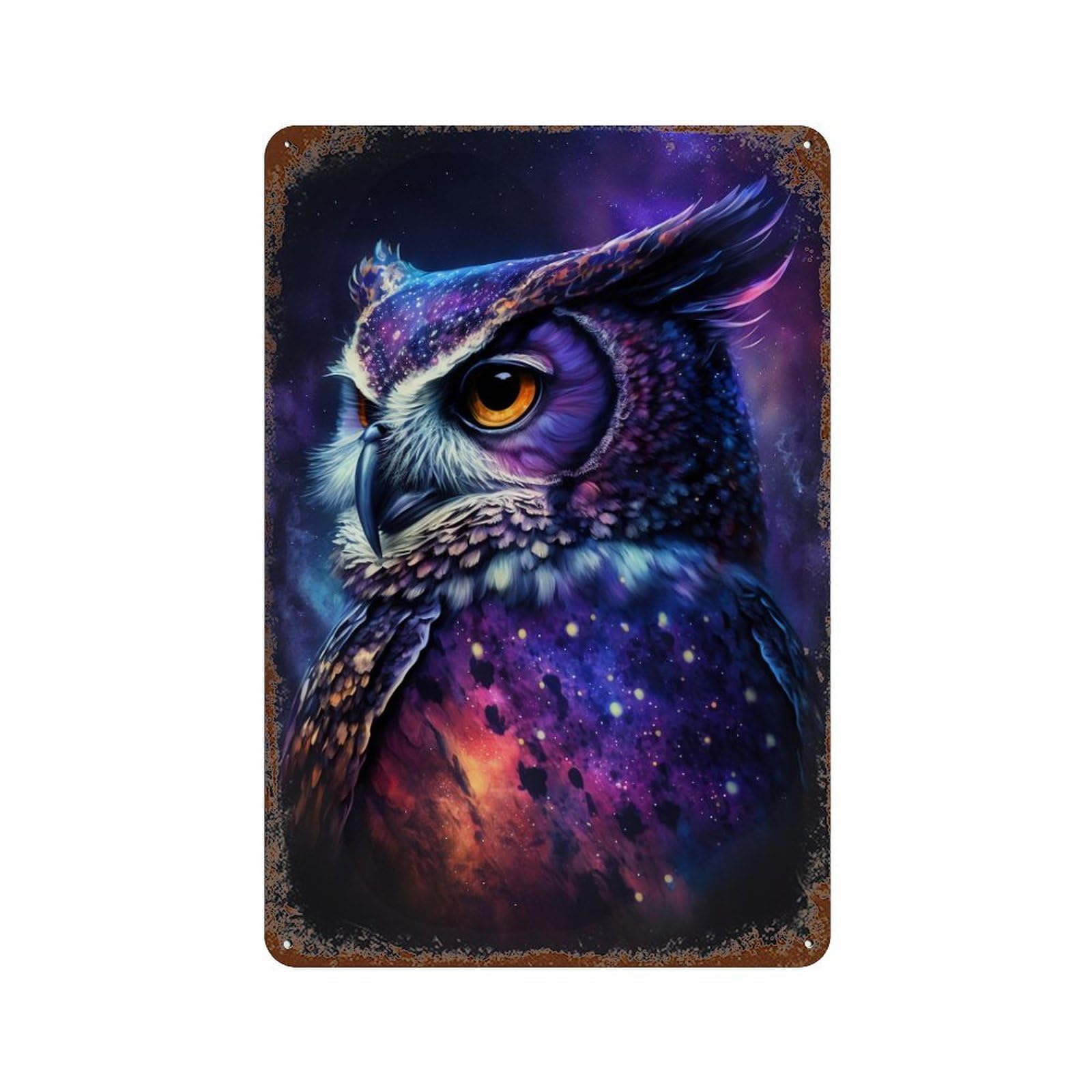 Cosmic Owl Art Print-14 11.8"x7.9" Vintage Rust Metal Sign, Shabby Chic Decor for Cafe, Home Bar And Lounge Decor
