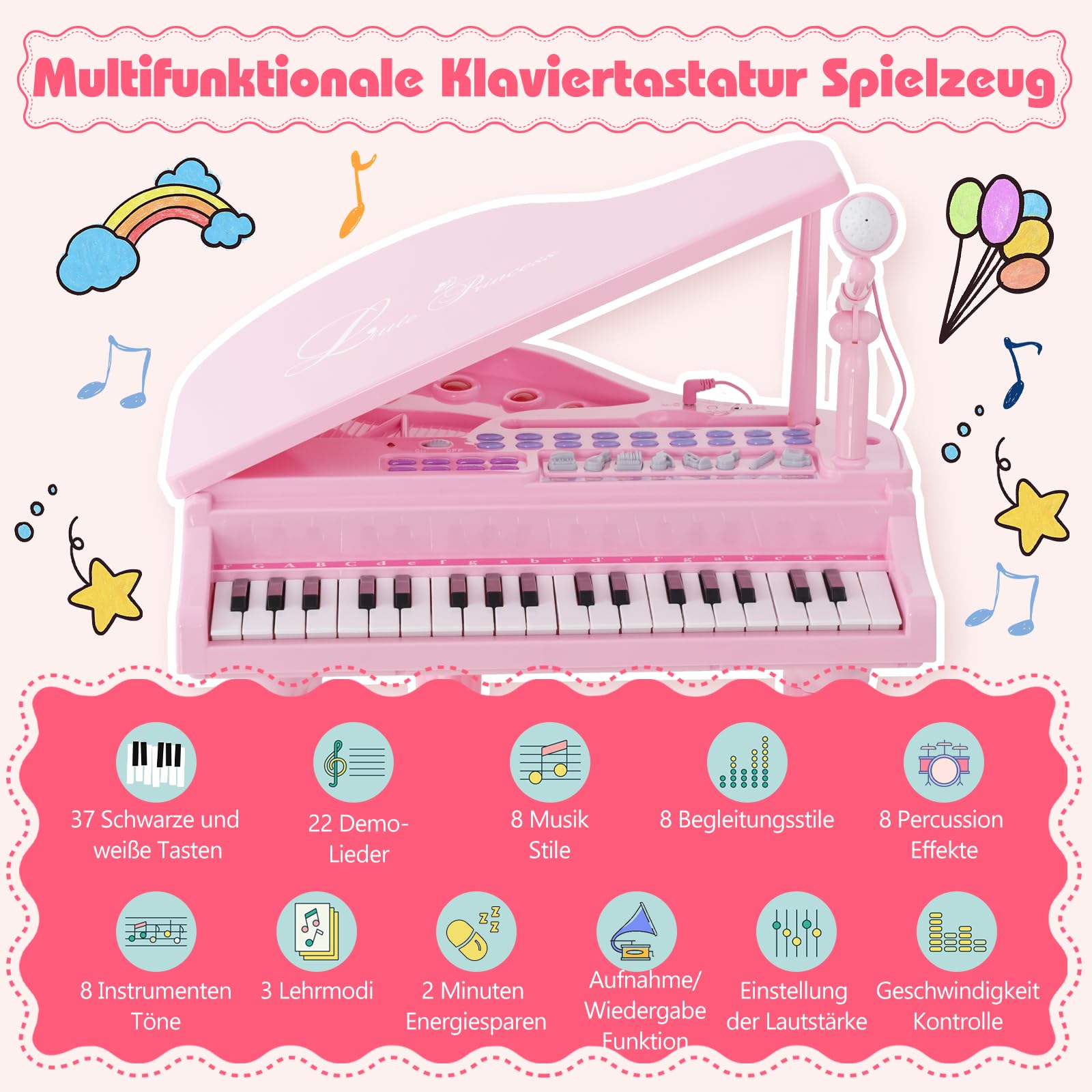 DREAMADE 37 Tasten Keyboard Kinder, mini E-Piano mit Hocker & Mikrofon & 3 Lehrmodi & 8 Rhythmen & Aufnahme, Elektronisches Klavier für Mädchen & Junge ab 3 Jahre (Pink)