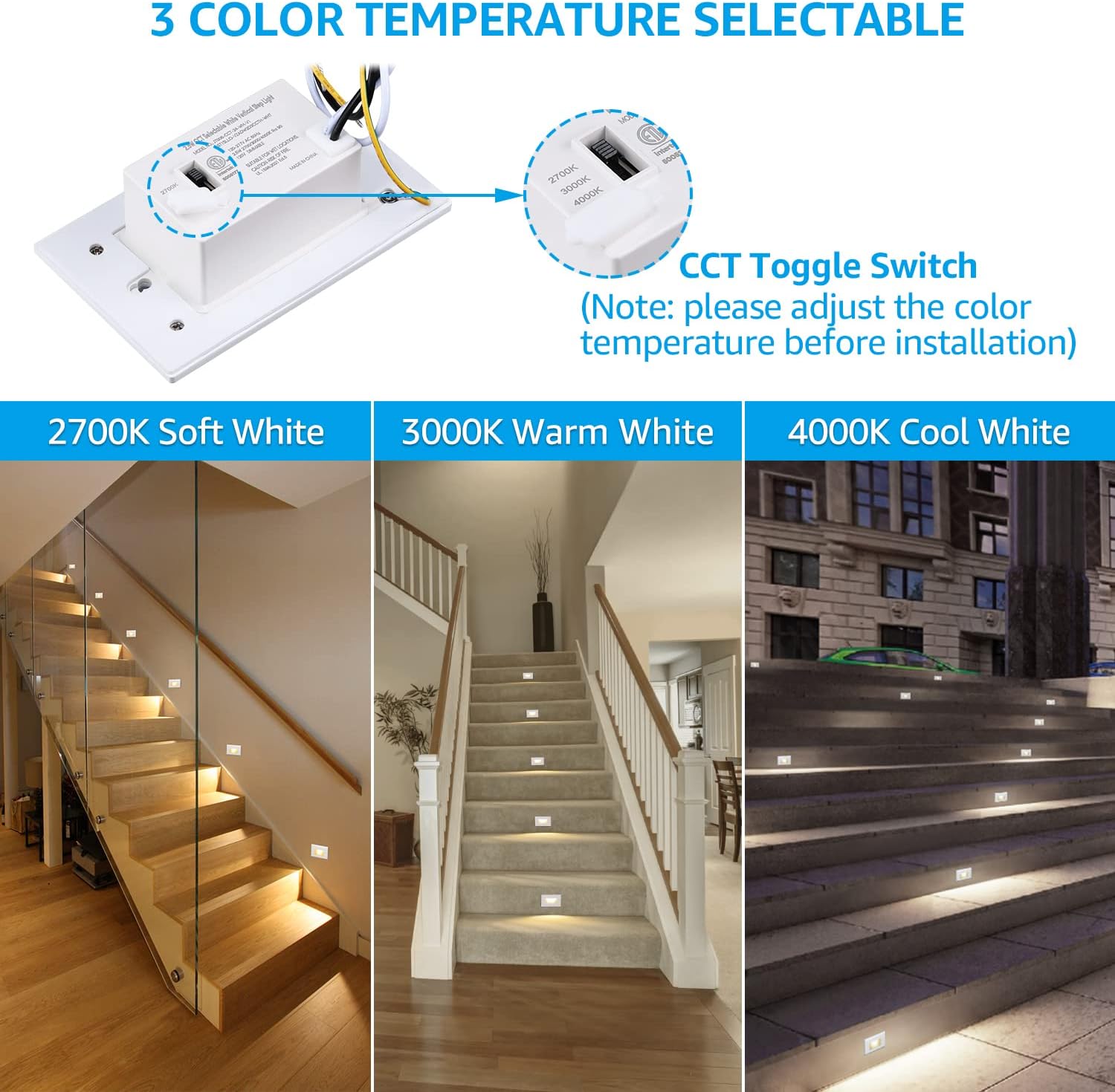 LEONLITE 3CCT LED Step Lights 120V-277V, 150LM 2.5W Dimmable Horizontal Stair Lights Indoor Outdoor IP65, CRI90 & ETL, 2700K/3000K/4000K Selectable Zinc Alloy Staircase Lights, White, 6 Pack