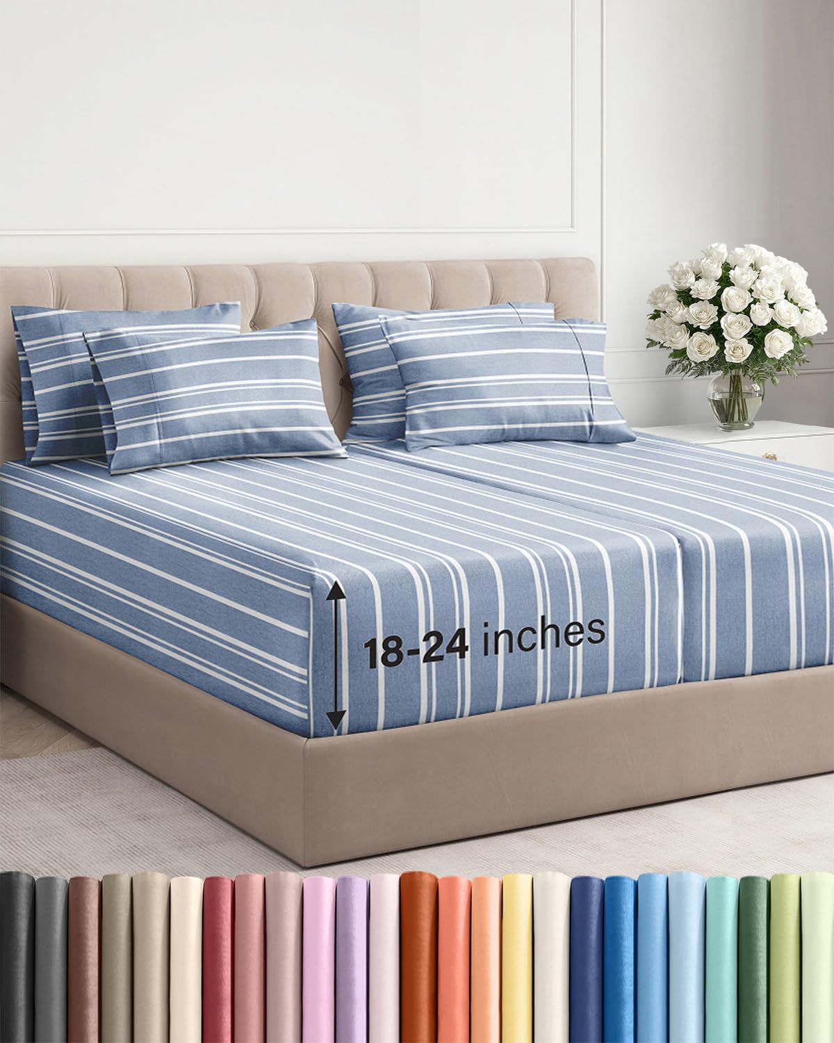 Photo 1 of Extra Deep Split King Sheet Set - 7 Piece Breathable and Cooling Sheets - Hotel Luxury Bedding for Women, Men, Kids & Teens - Secure Fit - Soft and Wrinkle Free with Extra Deep Pockets - Blue Stripes