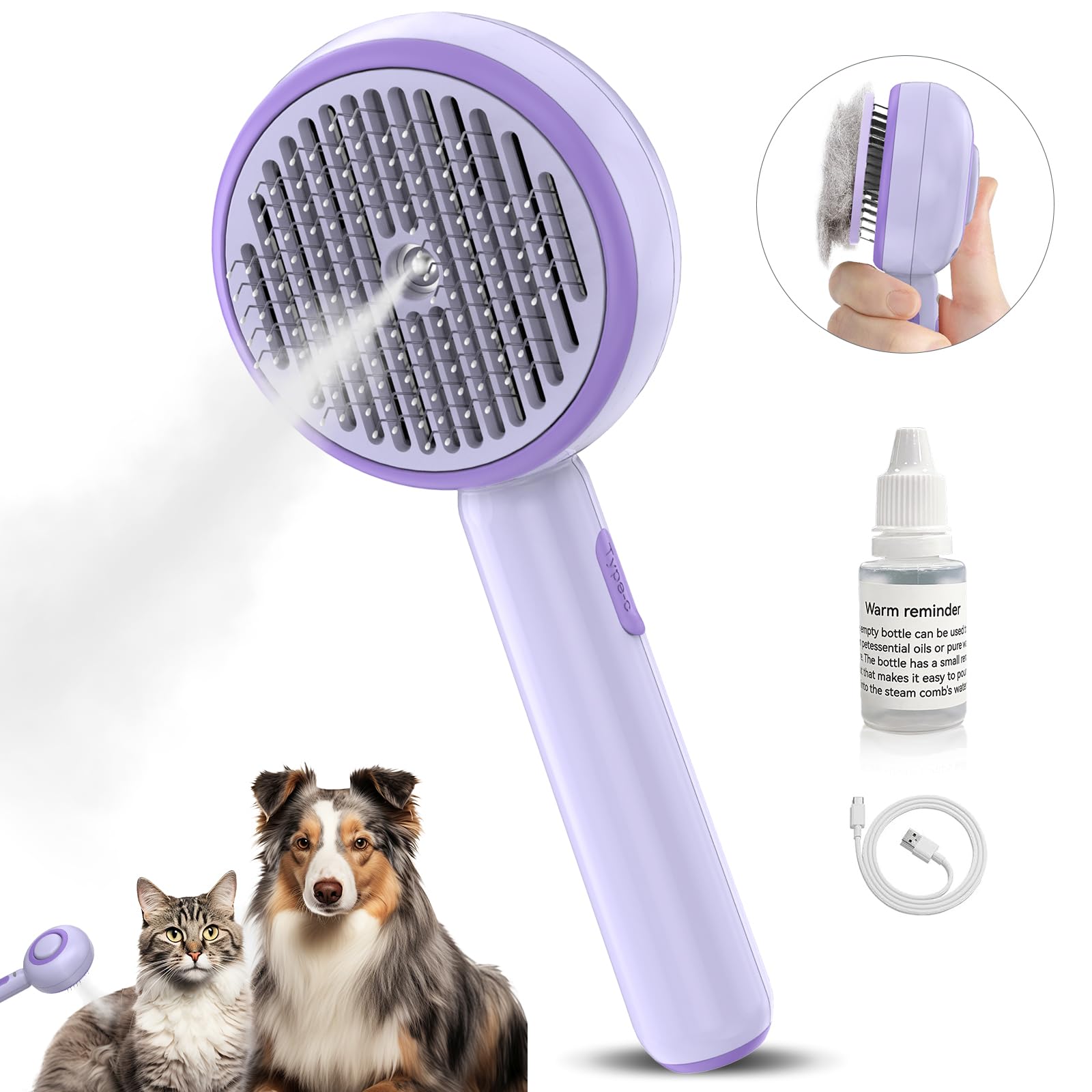 Cepillo para Gatos Cepillo para Perros Mascotas, 3 en 1 Cepillo de Vapor para Gatos con Depósito de Agua y Spray, Limpia el Pelo de la Mascota del Cepillo con un Botón, Recargable por USB (Púrpura)