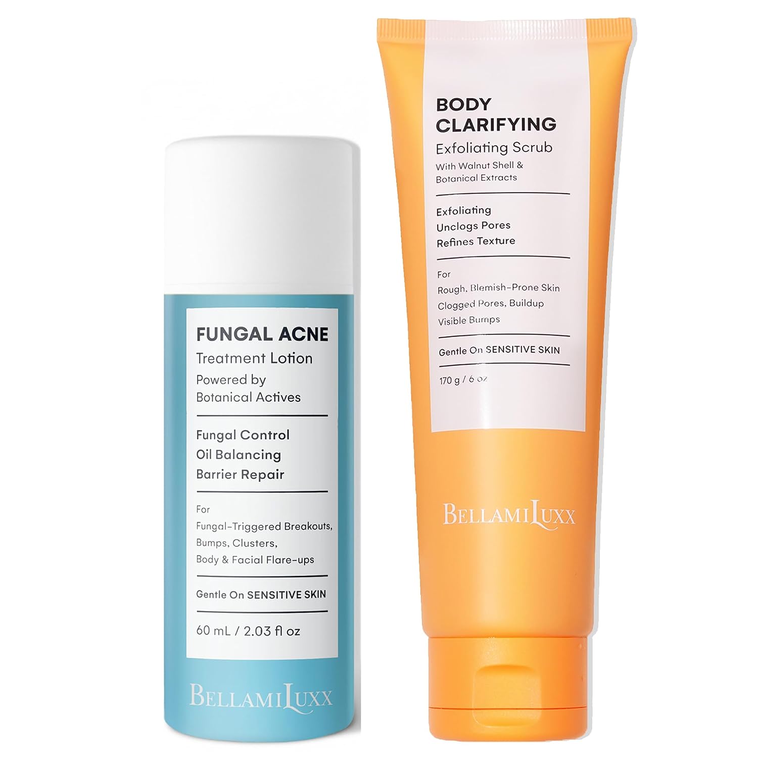 BellamiLuxx Fungal Acne Lotion + Body Acne Scrub Duo – Exfoliating & Balancing 2-Step System for Yeast-Prone Skin, Body Breakouts & Rough Texture – Helps Improve Bumps, Redness & Smoothness